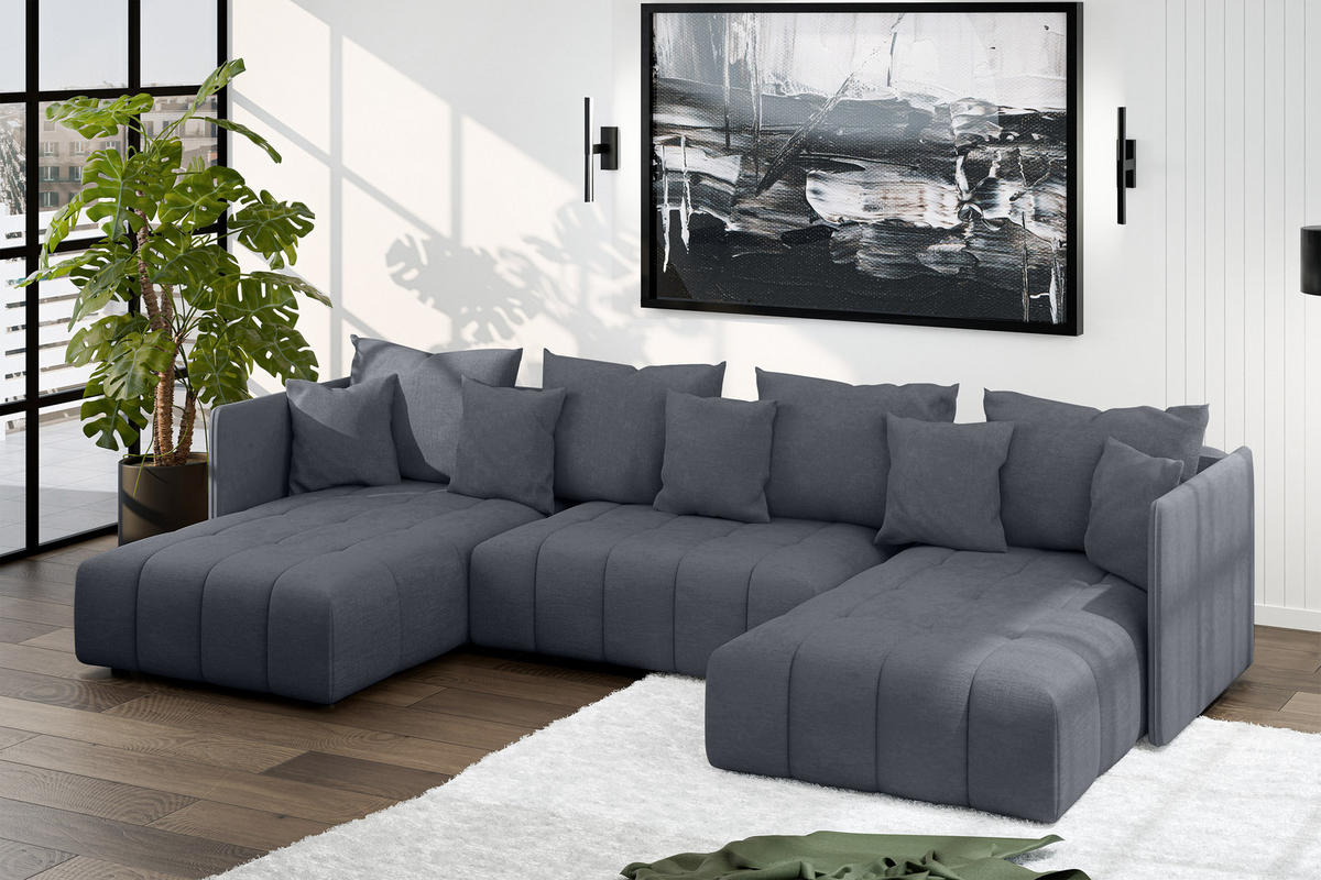 WOHNLANDSCHAFT Veliro U Grau 353/180/83 cm mit Schlaffunktion und Bettkasten - Dunkelgrau/Schwarz, Kunststoff/Textil (353/83/180cm) - AX Living