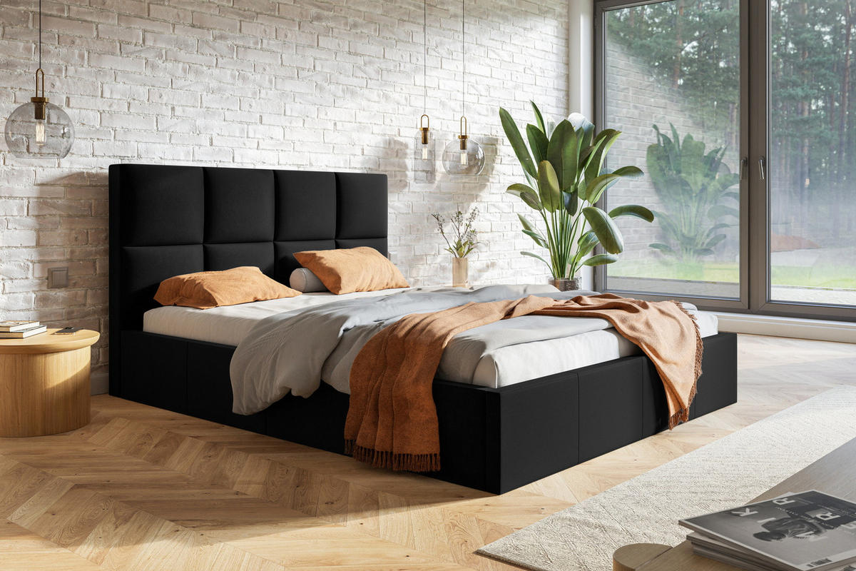 DOPPELBETT 140x200 mit Lattenrost Fado, Bettkasten, Samtstoff, Schwarz - Schwarz, Holz/Textil (140/200cm) - Emporius