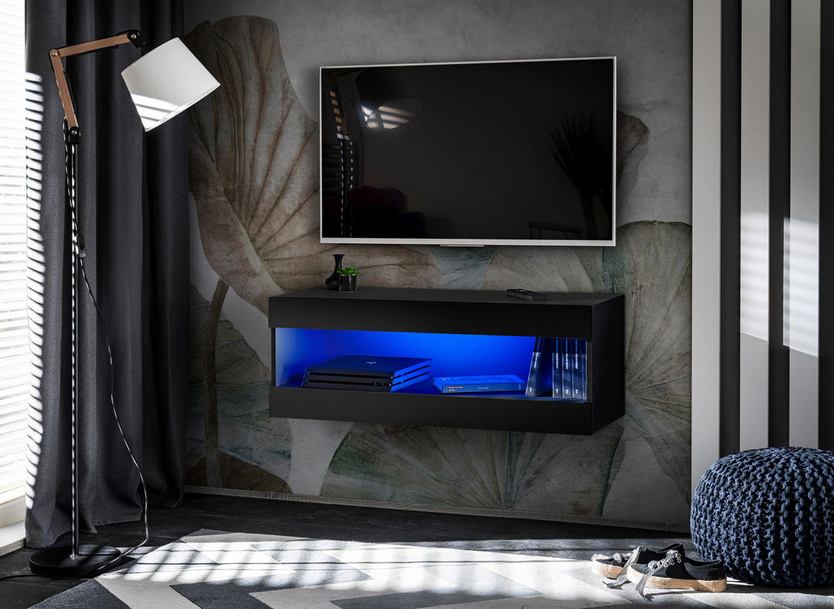 TV-ELEMENT TIVOLI RTV2-BLACK/BLACK+BLU Offener Raum Schwarz Schwarz - Schwarz, Holzwerkstoff/Kunststoff (100/36/35cm) - Komodee