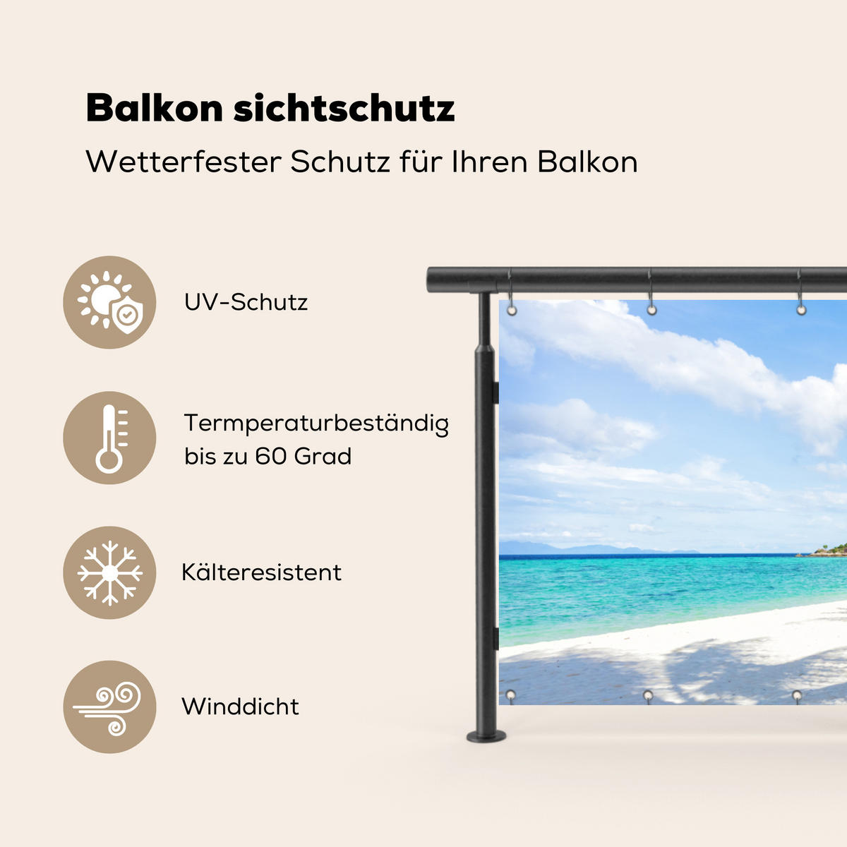 BALKON-SICHTSCHUTZ Strand - Meer - Palmen 300x110 cm - Hellblau, Kunststoff (300/110cm) - MuchoWow