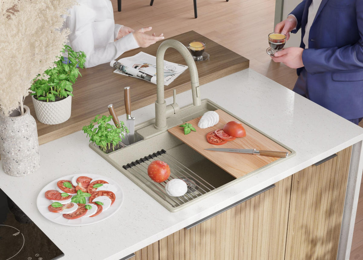 SPÜLBECKEN New York, 2-er set Beige 58/53 cm 1 Becken + Ablauf-Set + Küchenzubehörset ab 60er Unterschrank - Chromfarben/Beige, Kunststoff (58/20/53cm) - Primagran