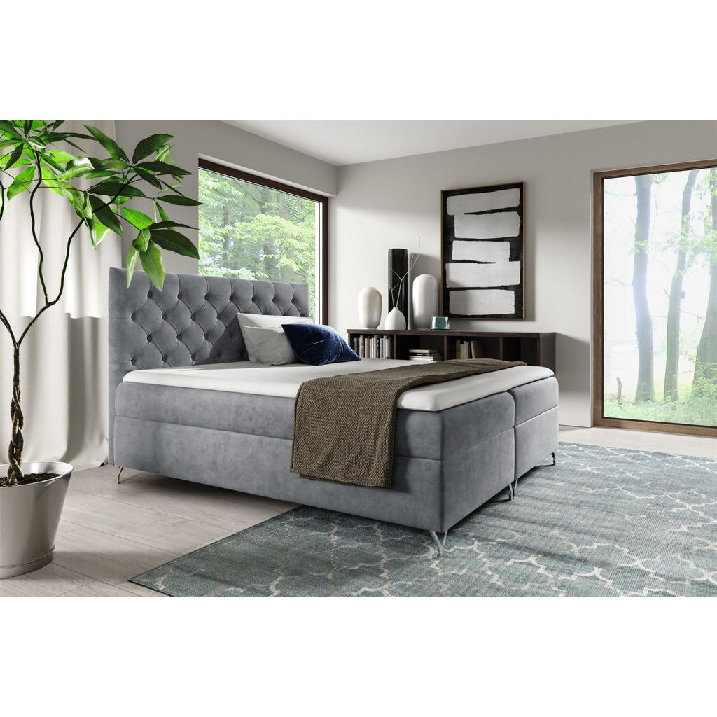 Thumbnail - Fun Möbel Boxbett, Grau, Textil, 160x200 cm, Schlafzimmer, Betten, Boxspringbetten