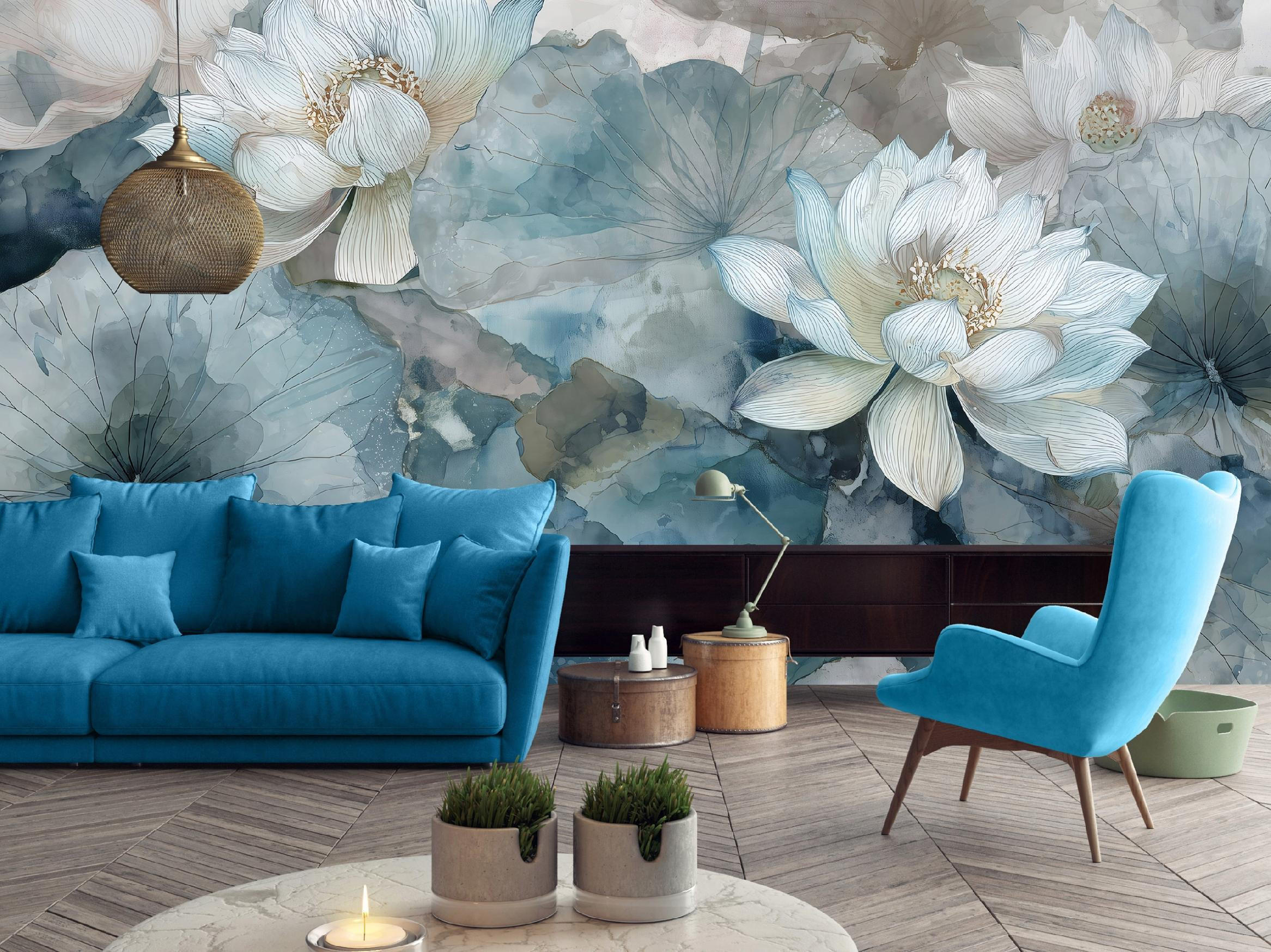 FOTOTAPETE Blumen Beton Blau 150x105 cm - Multicolor, Papier (150/105cm) - Wallarena