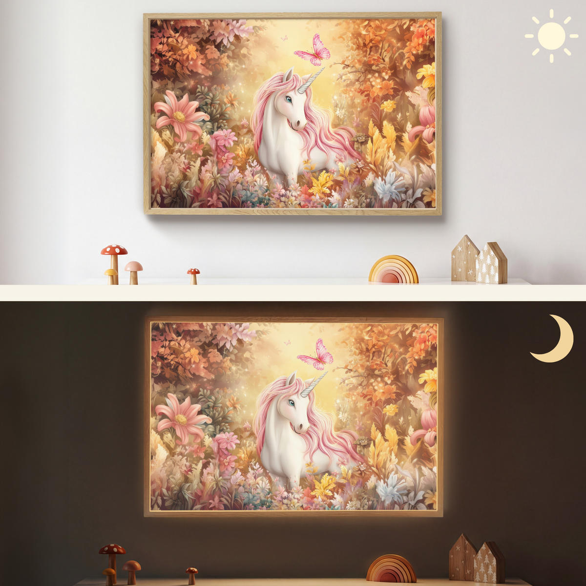 NÁSTĚNNÁ LAMPA S AKUMULÁTOREM Jednorožec - Květiny - Motýl - Růžová 90x60 cm - béžová, kompozitní dřevo (90/60/8cm) - OnlyWow