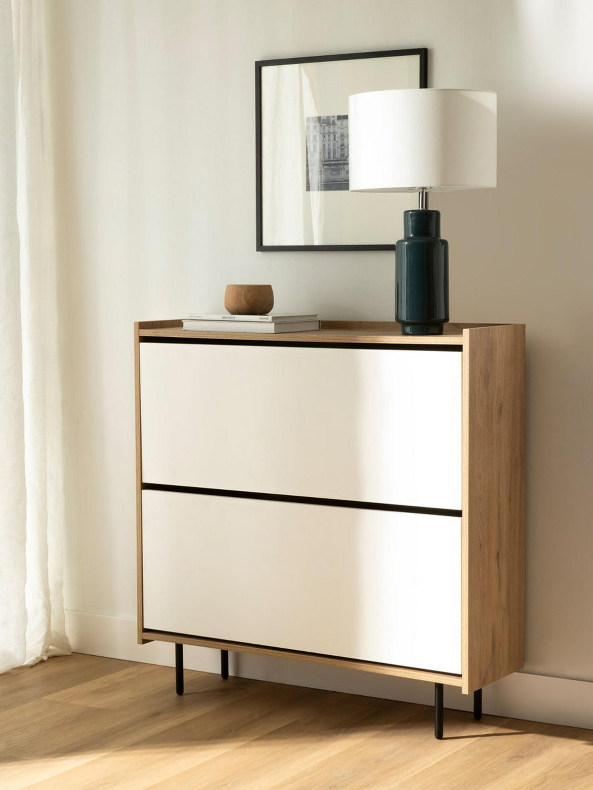 SCHUHKIPPER Nadine Natur - Weiß 97.5 cm x 98.5 cm - Braun, Holzwerkstoff (97/98/30cm) - Kenay Home