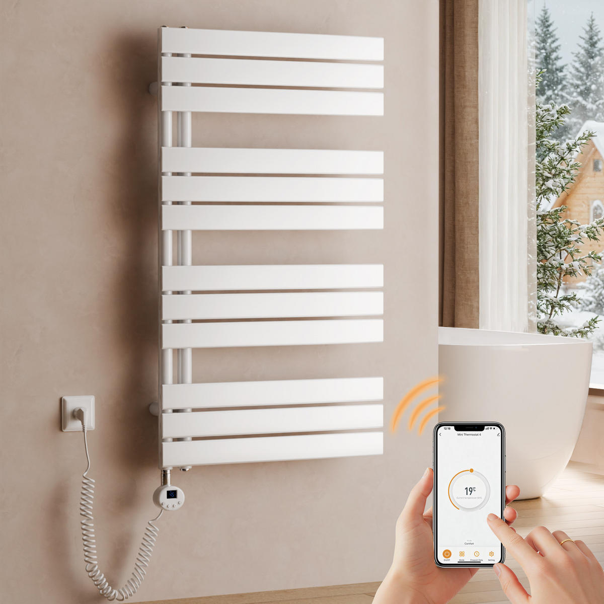 HANDTUCHHEIZKÖRPER 104,1/60 cm weiß elektrisch 600 W mit WLAN-Thermostat - Weiß, Metall (60/104/5.9cm) - S'AFIELINA