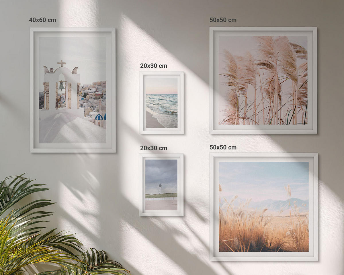 BILDER SET 5er Set - 50x50 cm & 20x30 cm & 40x60 cm Weißer Rahmen - Pflanzen, Meereswellen, Aussicht, Häuser - Weiß, Kunststoff (40/60cm) - TULUP