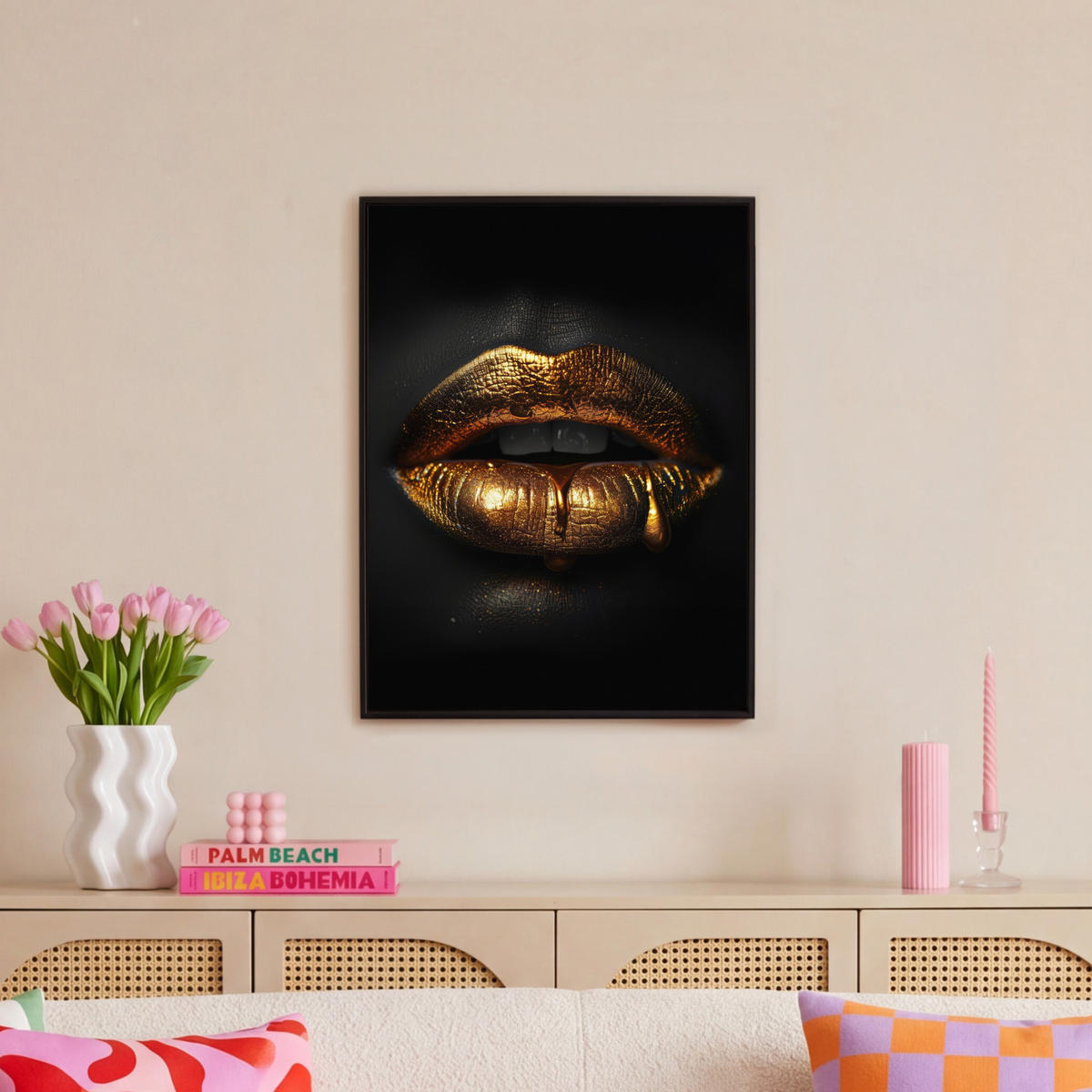 LEINWAND Bilder mit Rahmen - Frau - Porträt - Lippen - Gold - Schwarz - 60x80 - Schwarz, Textil (60/80cm) - MuchoWow