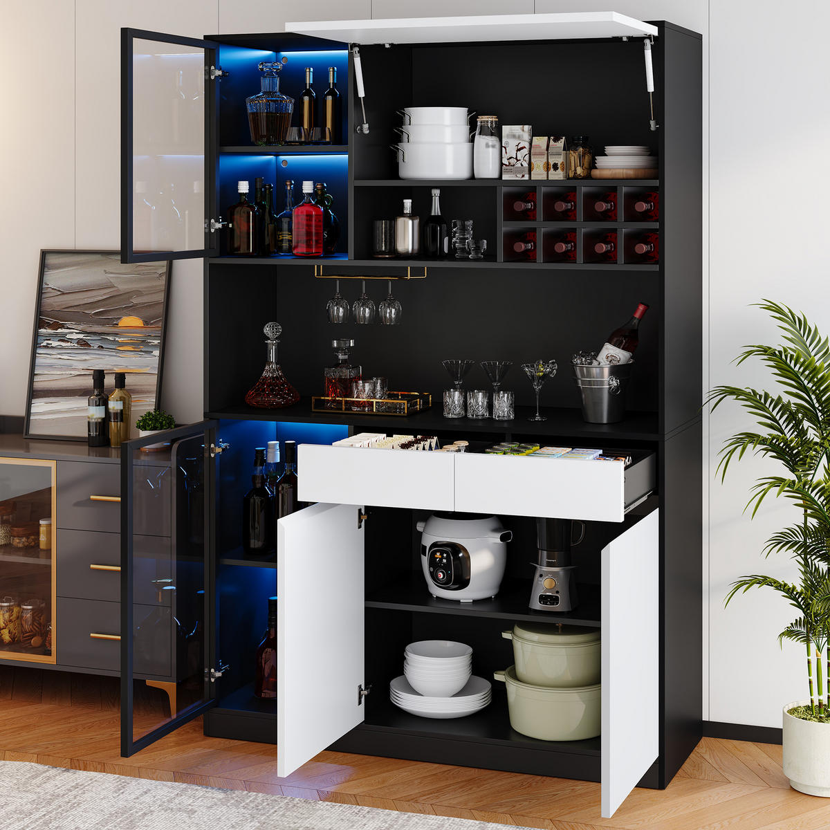 BUFFET 180 cm mit LED Beleuchtung,Weinregal und Stauraum - Schwarz, Holz (120/180/35cm) - PARAFTA HOME