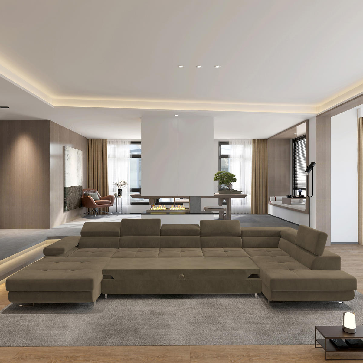 WOHNLANDSCHAFT TORIVA R-S Beige Velours-Stoff mit Schlaffunktion - Beige, Holz (418/90/202cm) - MASSENO