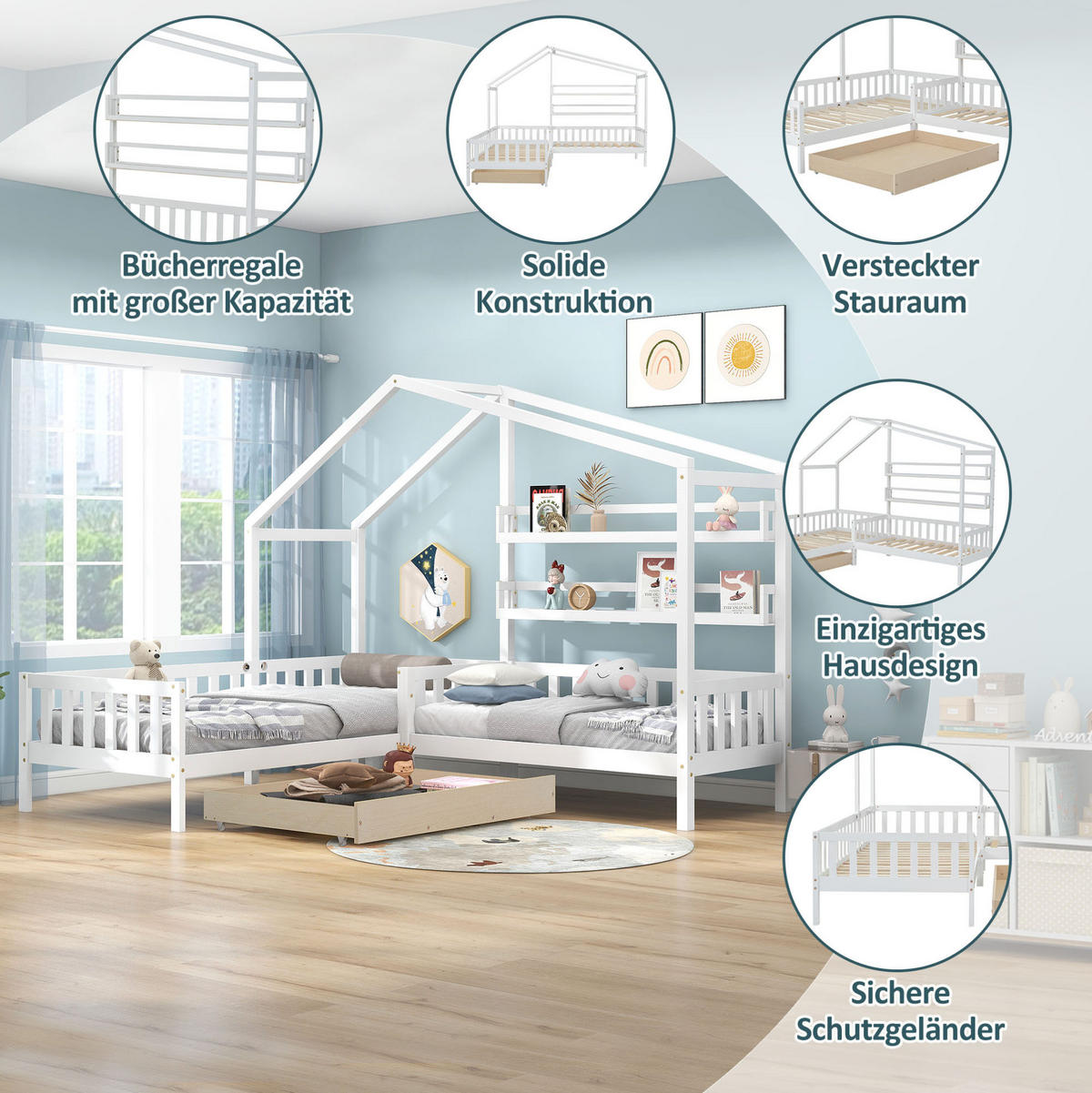KINDERBETT 90/200 cm und 70/140 cm Hausbett L-Form mit Schubladen und Regalen, weiß, ohne Matratze - Weiß, Holz (90/200cm) - MIVRAY