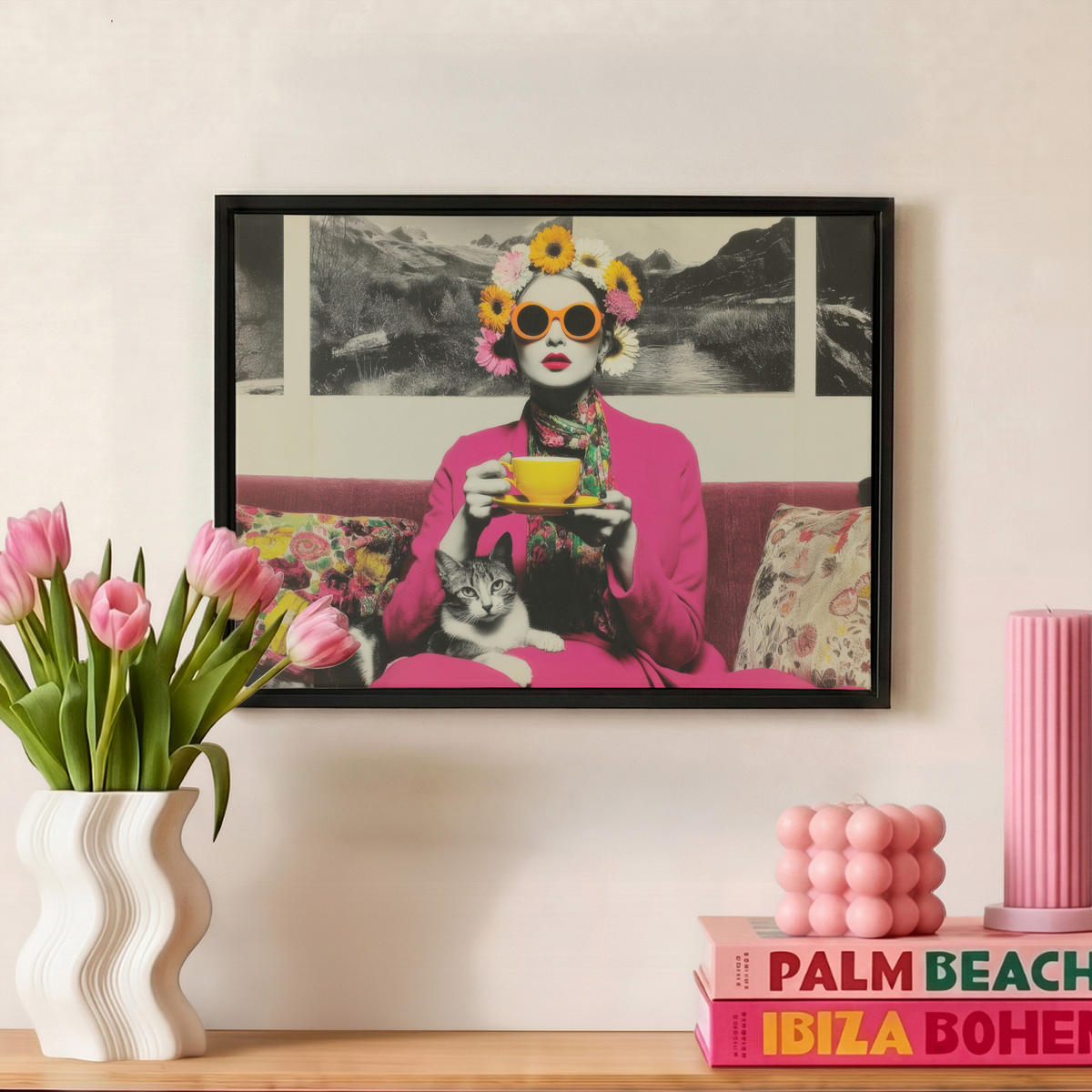 LEINWAND Bilder mit Rahmen - Frau - Katze - Blumen - Tasse - Retro - 40x30 - Magenta, Textil (40/30cm) - MuchoWow