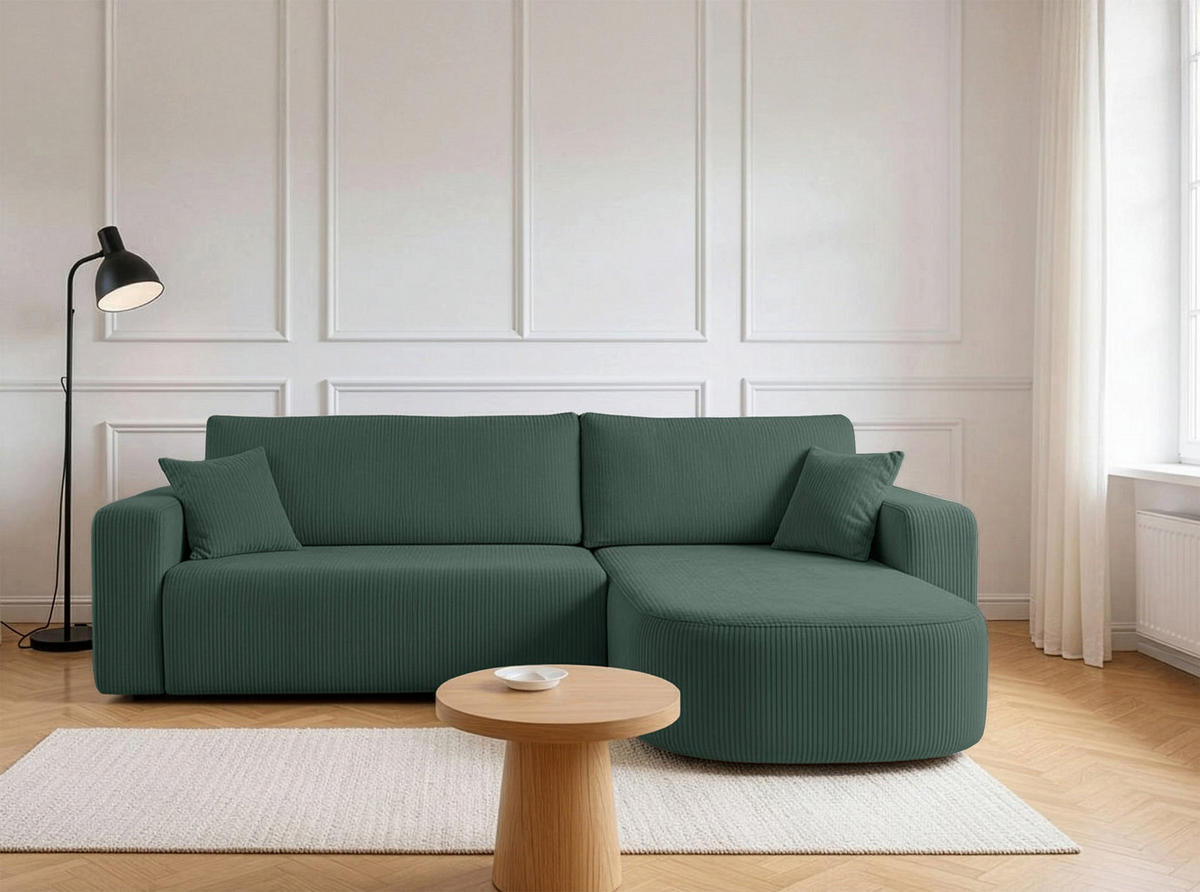 ECKSOFA mit Schlaffunktion Teeo L-Form universal mit Bettkasten Dunkelgrün Cord - Dunkelgrün/Schwarz, Kunststoff/Textil (275/170cm) - Homebook