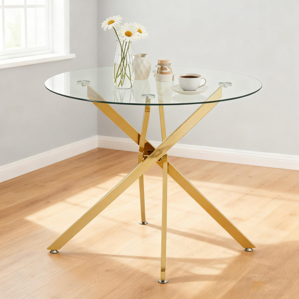 ESSTISCH rund 80/80/76 cm aus Glas und Metall in Gold - Goldfarben, Metall (80/80/76cm) - Flora Grace