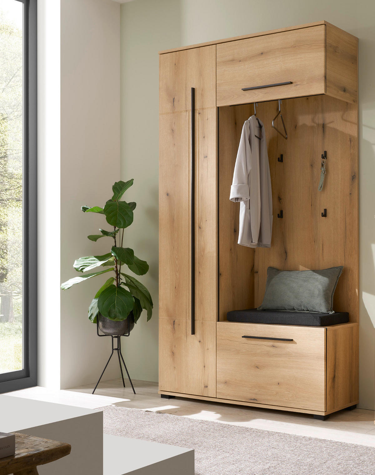 KOMPKATGARDEROBE Evoke Eiche 111 x 200 cm, Garderobe mit Soft-Close - Eichefarben/Schwarz, Holzwerkstoff/Kunststoff (111/200/37cm) - Furn.Design