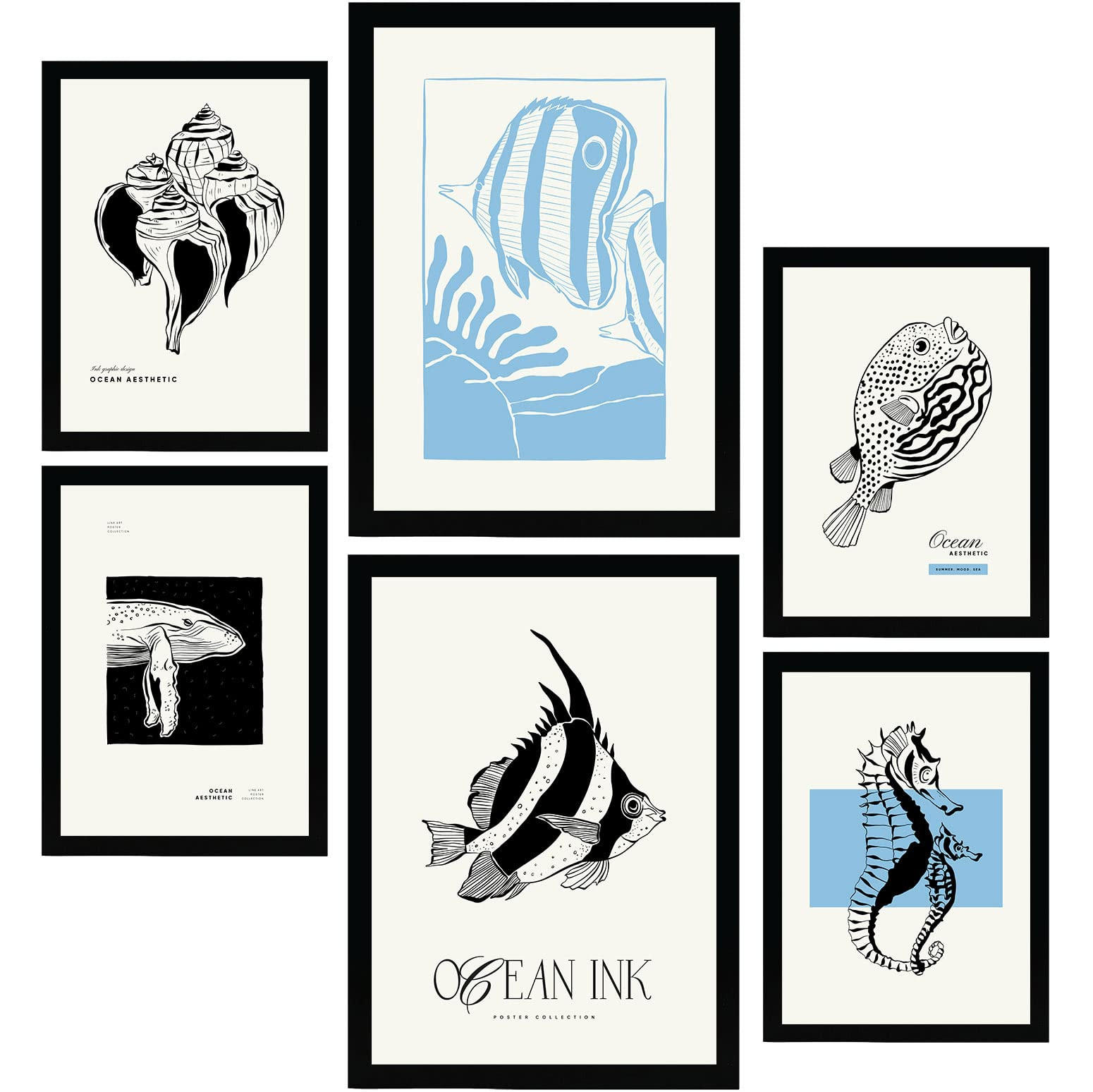 POSTER Set Mit 6 In Schwarzer Tinte Meeresmuster Kunstdrucke Von Meer Und Ozean Für Innenarchitektur A3 & A4 Schwarzer Rahmen - Schwarz, Papier (29/3cm) - Nacnic