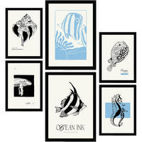 POSTER Set Mit 6 Schwarze Tintenmeermuster Größe A3 & A4 Schwarzer Rahmen - Schwarz, Papier (29.7/1cm) - Nacnic