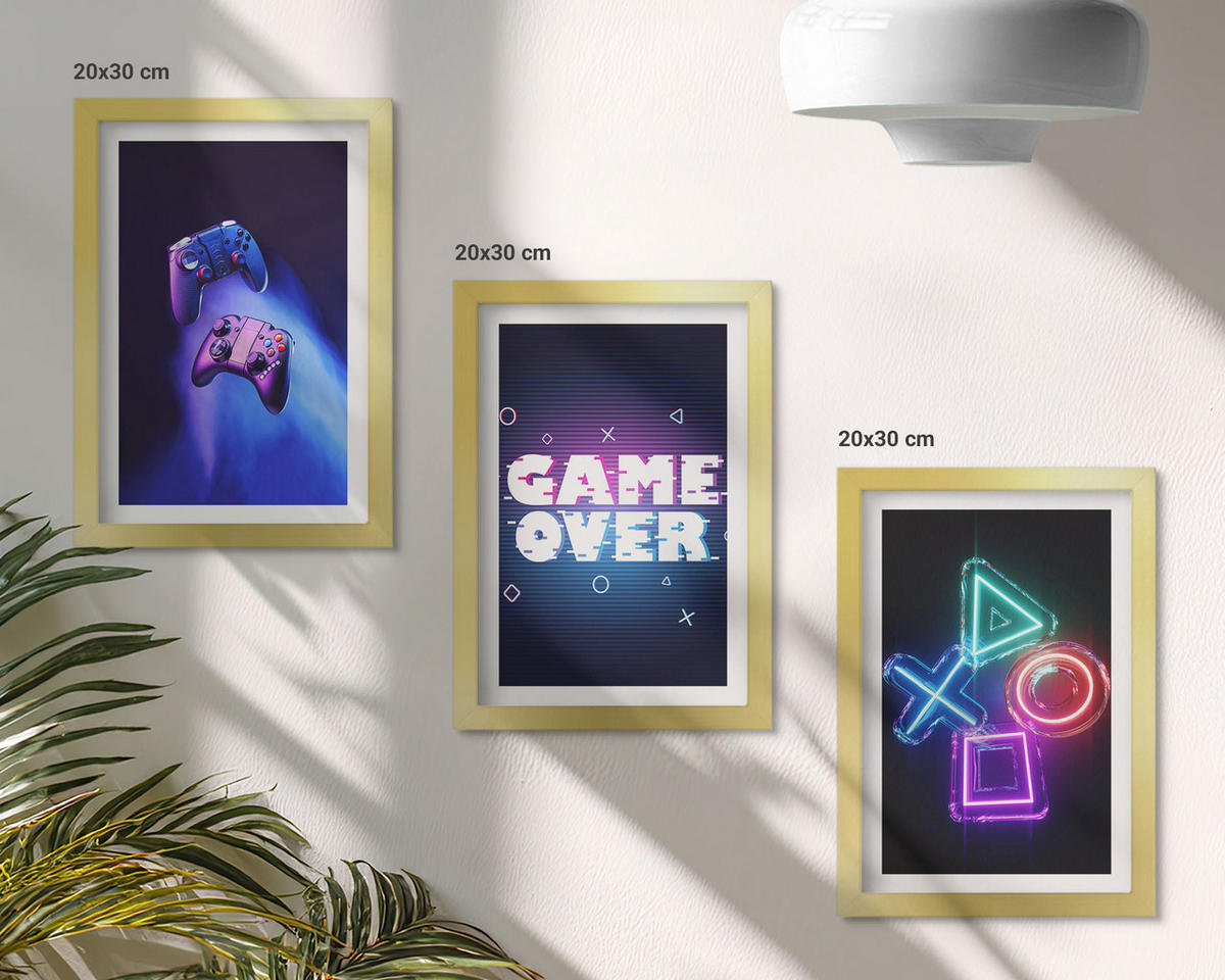 BILDER SET 3er Set - 20x30 cm Goldrahmen - Game Over Gamepads - Goldfarben, Kunststoff (20/30cm) - TULUP