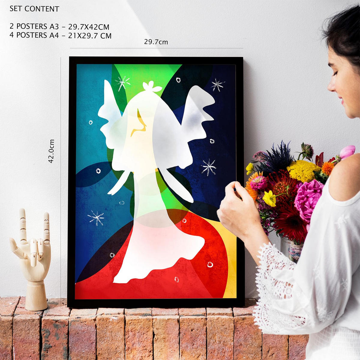 POSTER Set Mit 6 Flügel Des Friedens In Farbenfrohe Abstracts Ästhetische Dekorative Gemälde Für Ihr Wohnzimmer Zuhause A3 & A4 Rahmen Aus Hellem Holz - Beige, Papier (29/3cm) - Nacnic