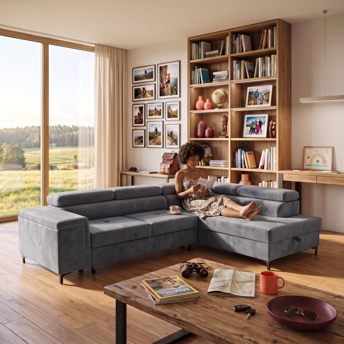 ECKSOFA WILLIAM L Rechts mit Schlaffunktion 127x195 Velours Grau - Silberfarben/Grau, Holz/Textil (203/275cm) - Muffo