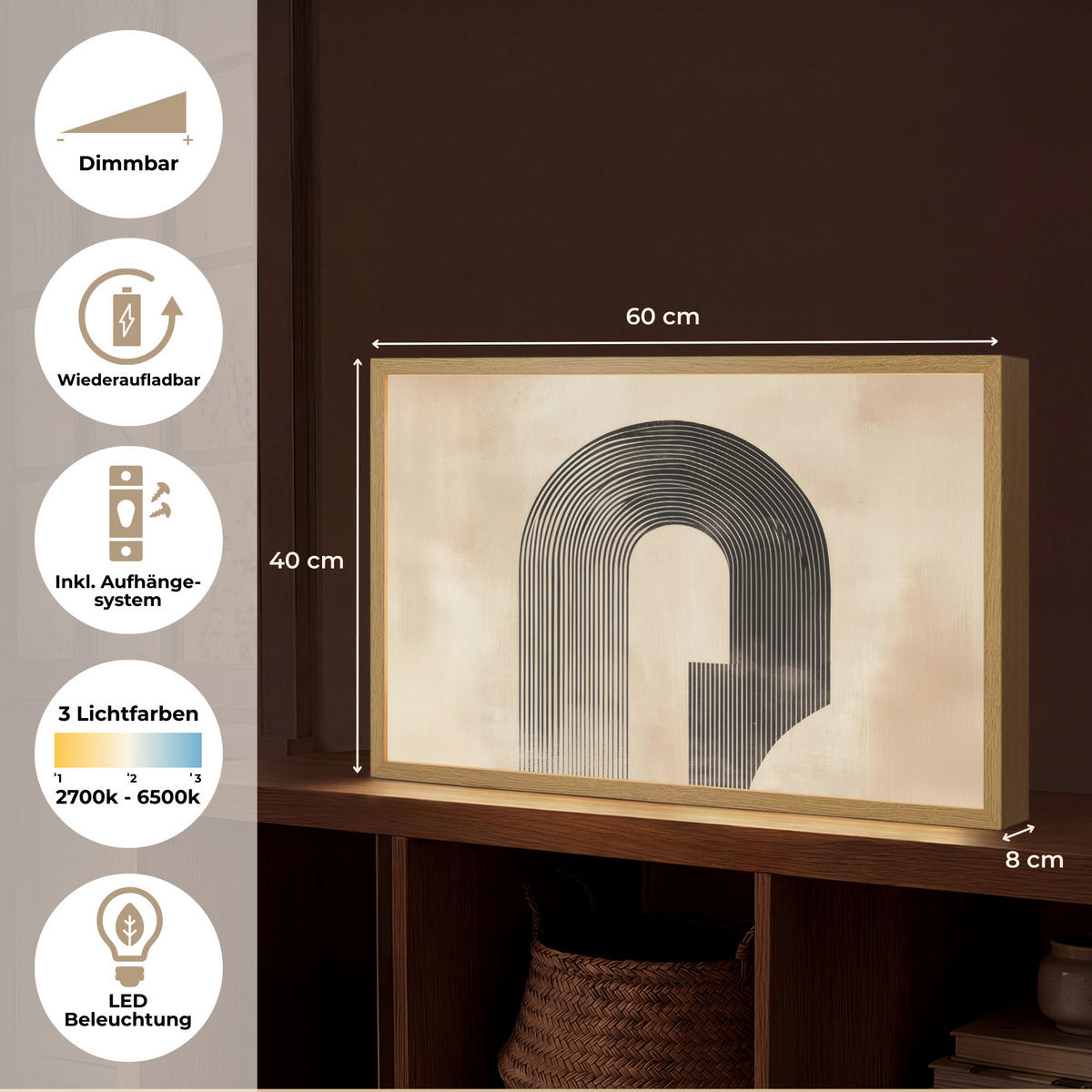 NÁSTĚNNÁ LAMPA S AKUMULÁTOREM Luk - Pruhy - Minimalistický - Černý 60x40 cm - béžová, kompozitní dřevo (60/40/8cm) - OnlyWow