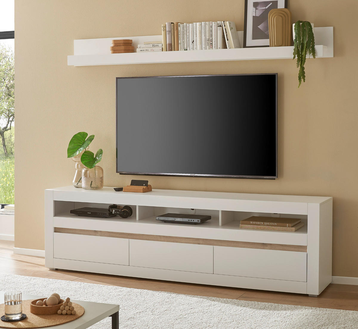 WOHNZIMMER-SET Wandboard weiß matt, Evoke Eiche, Set 2-teilig 217 cm - Eichefarben/Silberfarben, Holz/Holzwerkstoff (217/180/42cm) - Furn.Design