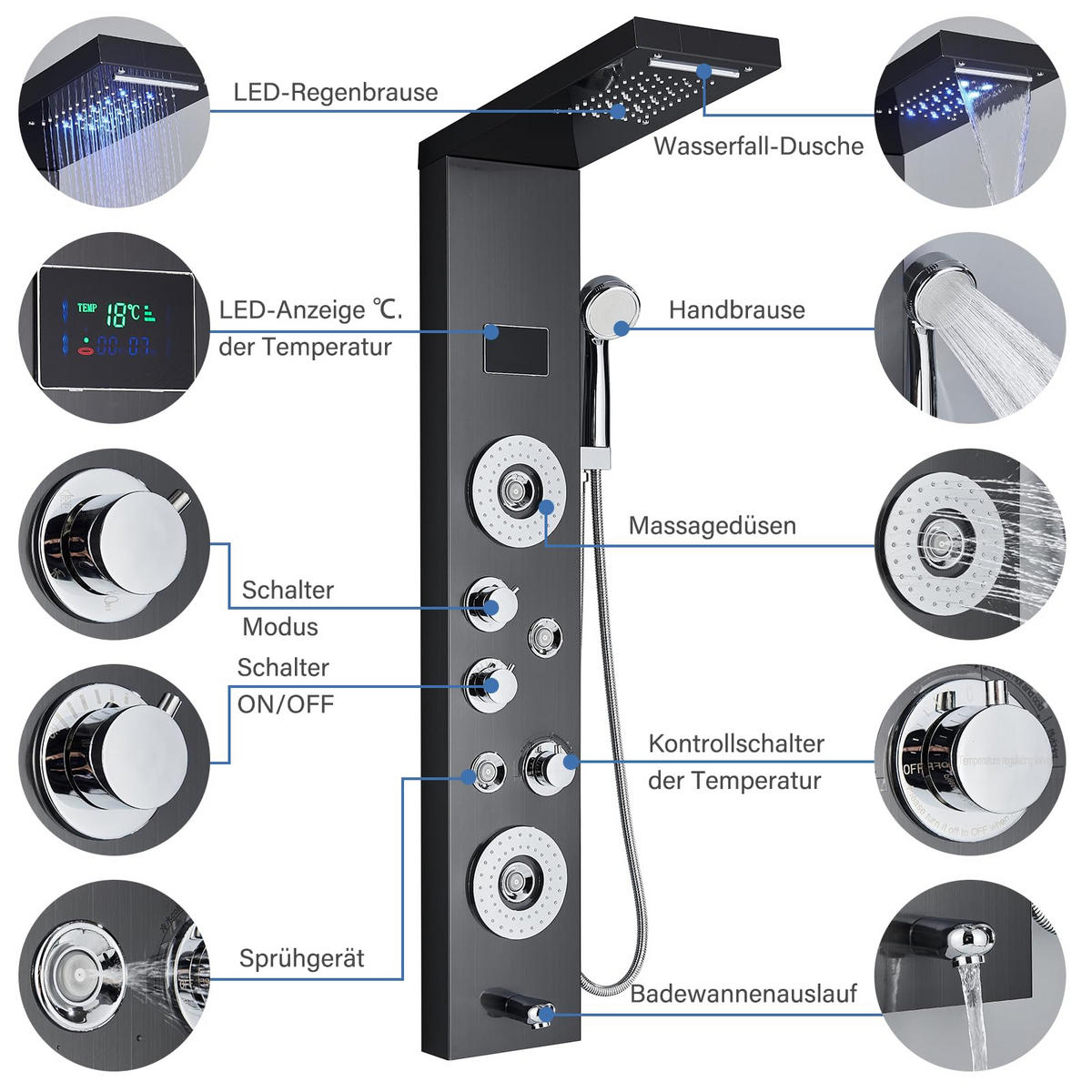 ÜBERKOPFBRAUSESET Schwarz Edelstahl 304 LED Temperaturanzeige - Schwarz, Metall (20/122/46cm) - Kaket