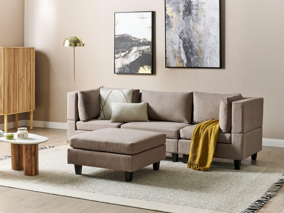 3-SITZER-SOFA Leinenoptik braun mit Ottomane Unstad - Schwarz/Braun, Textil (228/72/76cm) - Beliani