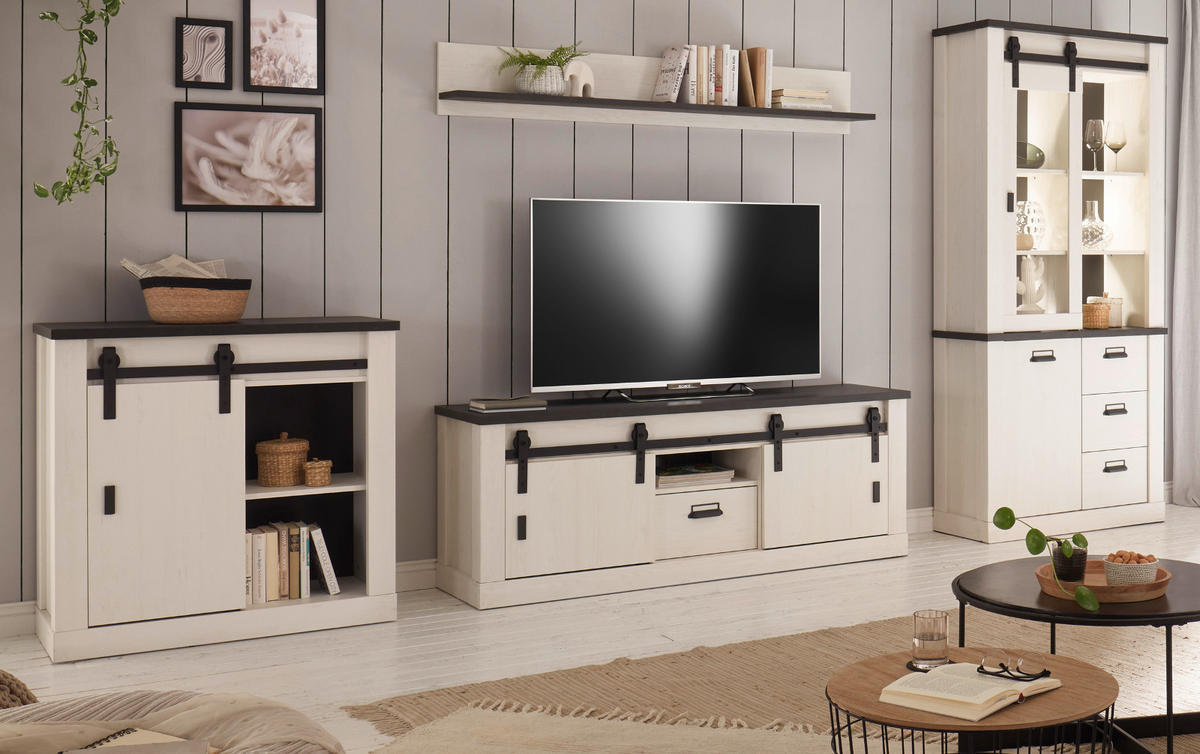 WOHNWAND weiß Pinie, anthrazit Landhaus, Wohnkombination 4-teilig 388 cm - Anthrazit/Weiß, Holzwerkstoff/Metall (388/201/43cm) - Furn.Design