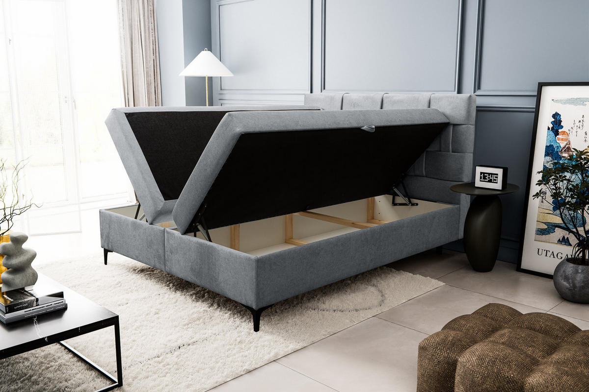 BOXBETT Charlotte mit 2 Bettkästen, Maße: 180x200 cm, Farbe: Grau, Velourstoff, mit Bonell-Matratze inkl. Topper - Grau, Holz/Kunststoff (180/200cm) - VENASI MÖBEL