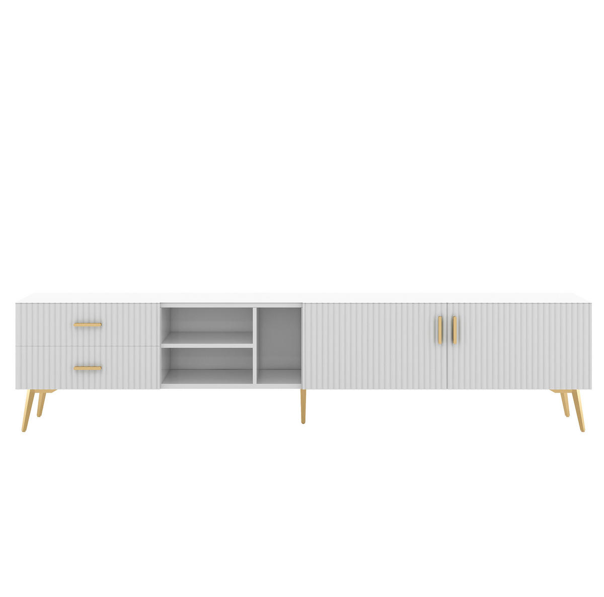 TV-LOWBOARD aus MDF 180x35x41 cm Weiß mit 2 Schubladen, 2 Türen und 3 offenen Fächern - Weiß, Holzwerkstoff (180/44/35cm) - Modfu