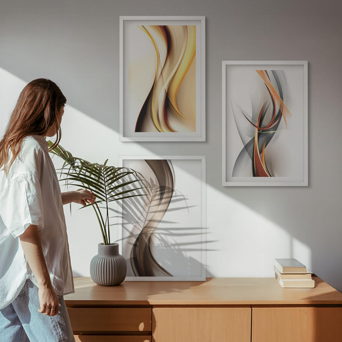 BILDER SET 3er Set - 40x60 cm Weißer Rahmen - Gelbgrau-braune Wellen - Weiß, Kunststoff (40/60cm) - TULUP