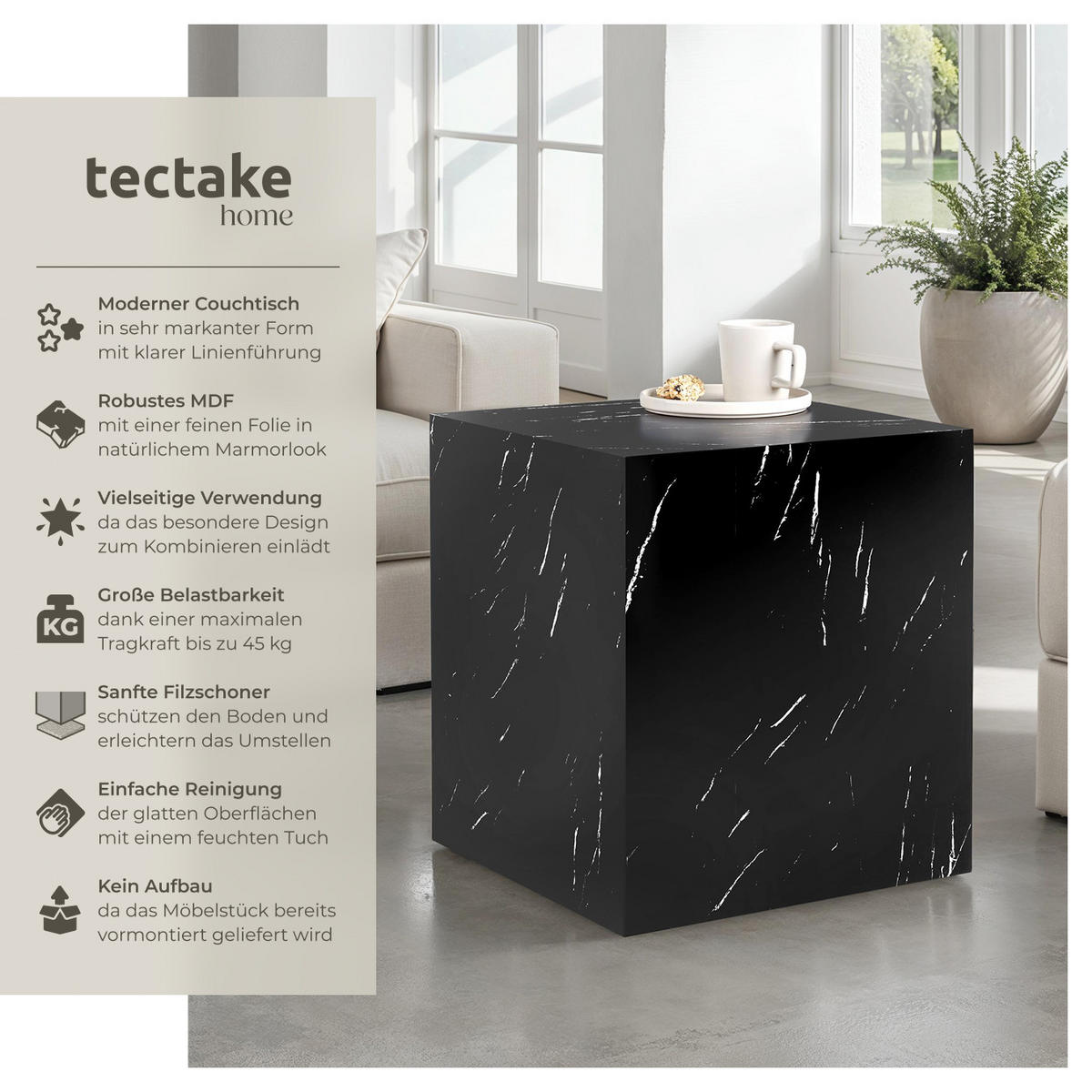 COUCHTISCH Lasley,45 x 45 x 50 cm,Marmor Optik schwarz - Schwarz, Holz (45/45/50cm) - tectake
