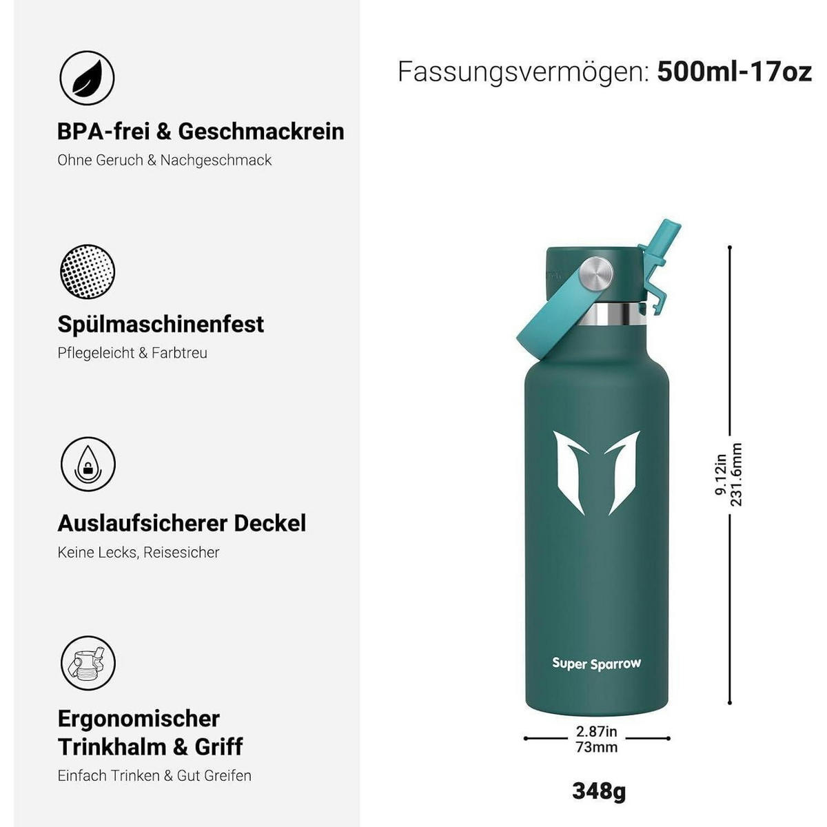 TRINKFLASCHE Edelstahl 500 ml Dunkelgrün - Petrol, Metall (7/7cm)