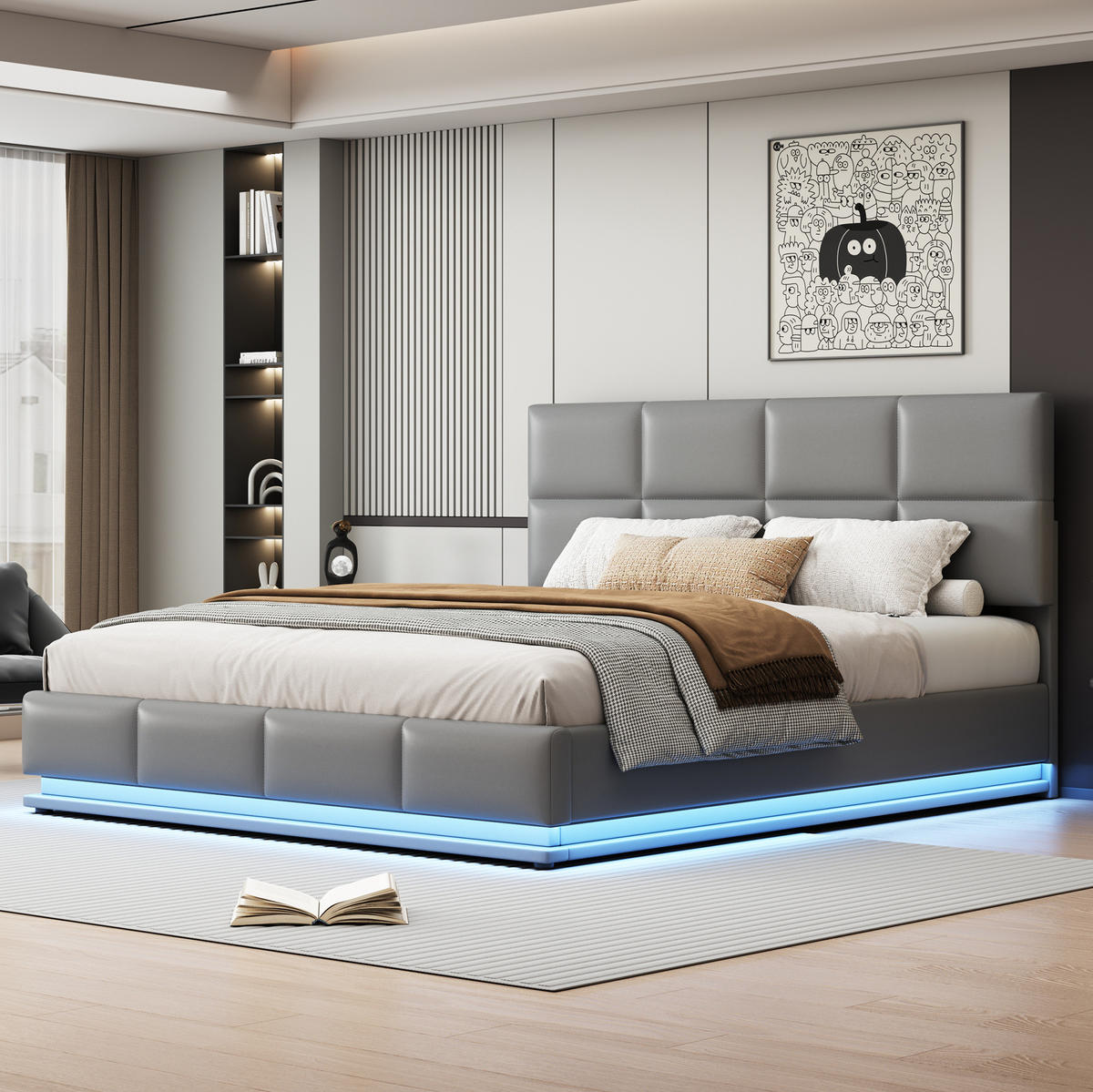 POLSTERBETT 180/200 cm aus Kunstleder mit LED-Beleuchtung, hydraulischem Bettkasten und verstellbarem Kopfteil, Zementgrau - Grau, Kunststoff (180/200cm) - Redom