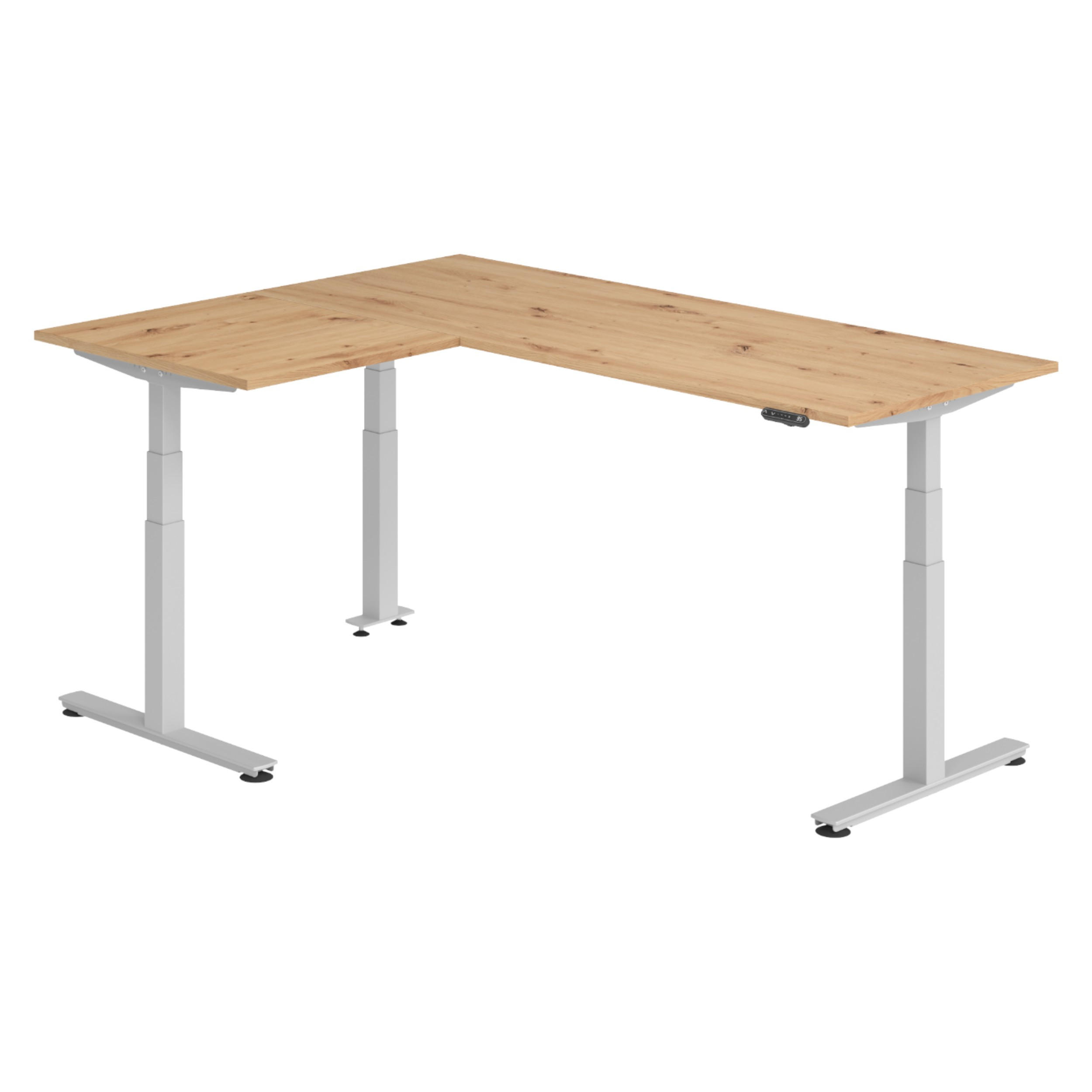 ECKSCHREIBTISCH elektrisch höhenverstellbar L-Form 160/200/74 cm in Wildeiche/Silberfarben - Wildeiche/Silberfarben, Holzwerkstoff (160/200/74cm) - bümö