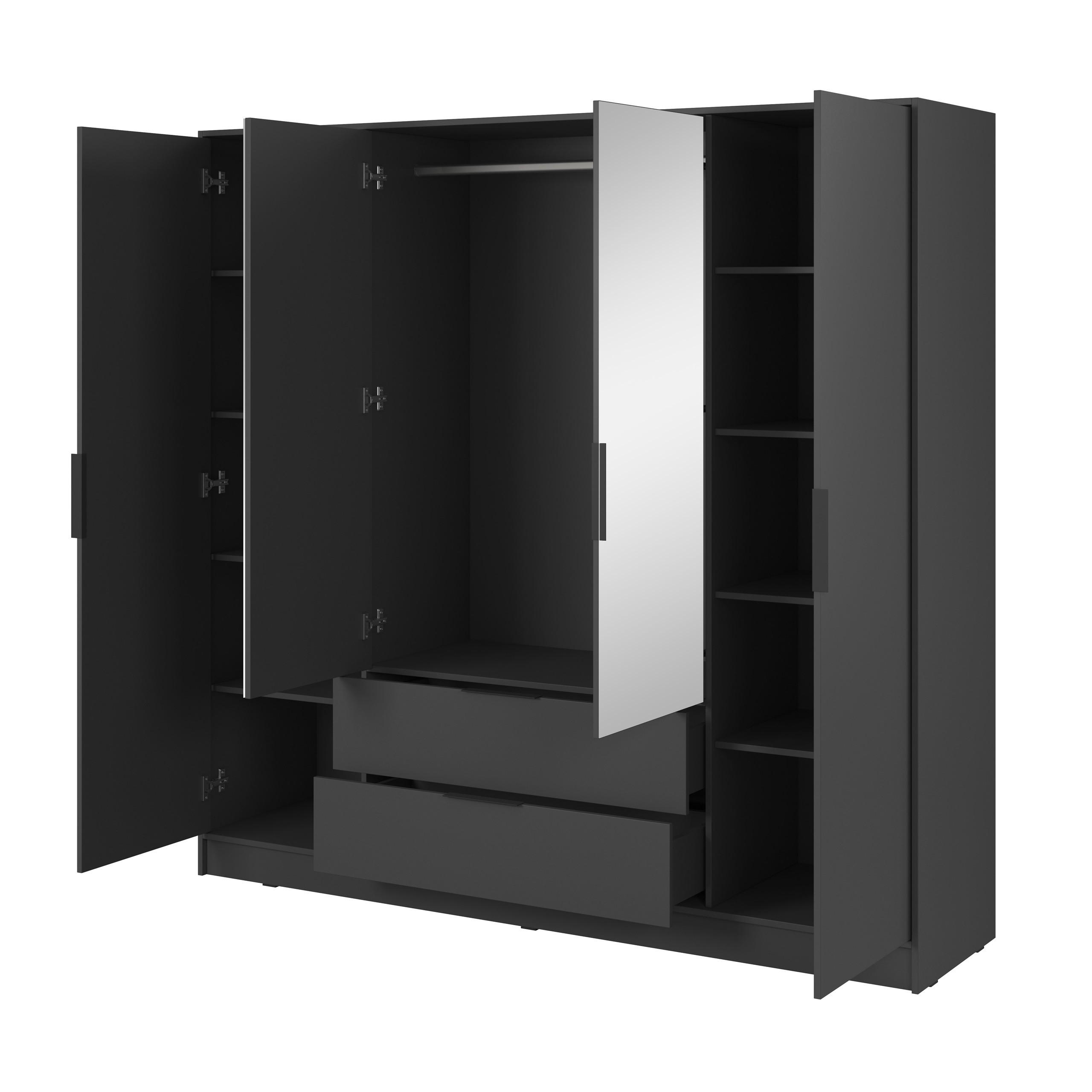 DREHTÜRENSCHRANK CATERINA 206/200/51 cm 4-türig mit Spiegel Graphitfarben - Graphitfarben, Holzwerkstoff (206/200/51cm) - MASSENO