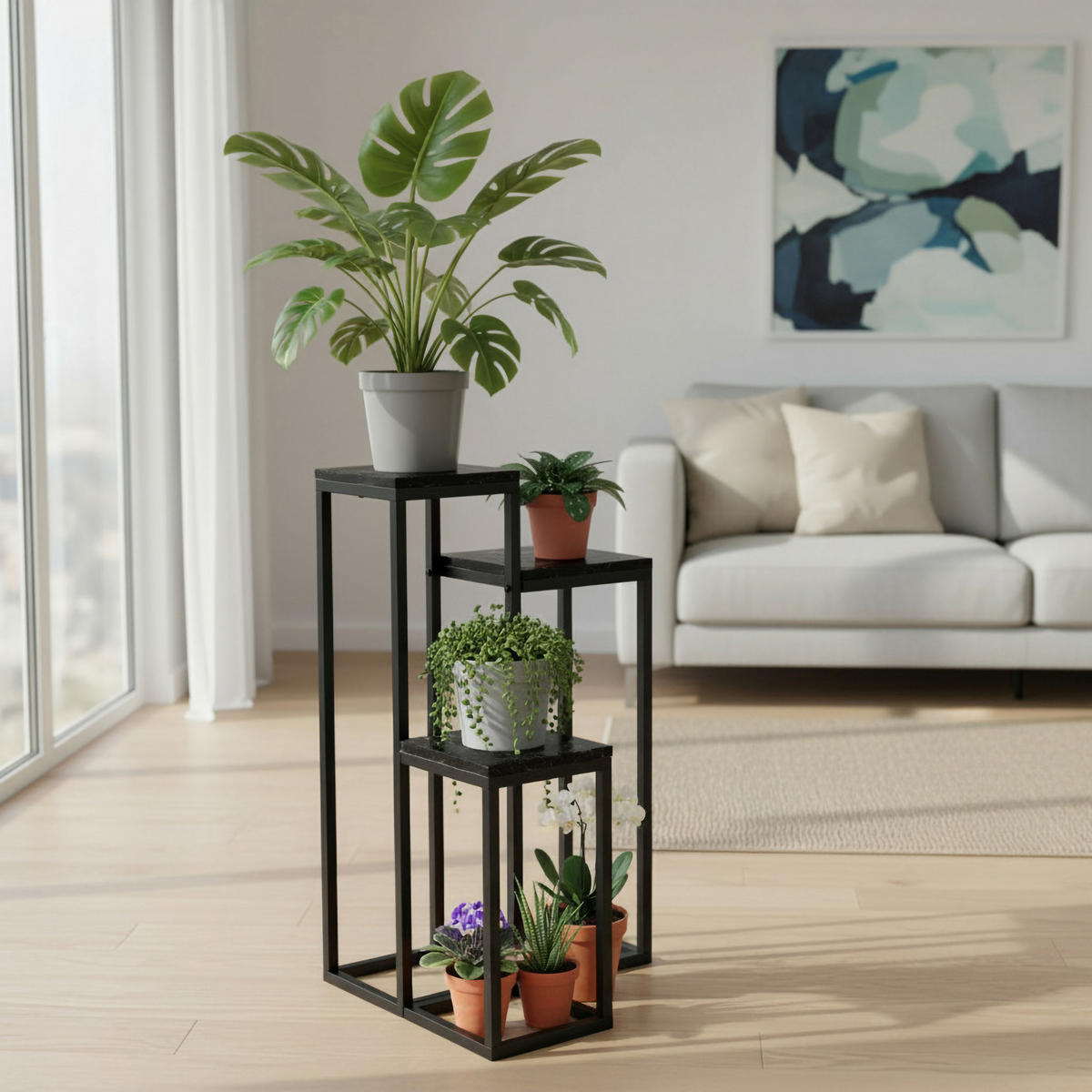 BLUMENSTÄNDER mit 3 Ablagen - Schwarz Hochglanz, Metall (34/34/67cm) - Mat-Haus