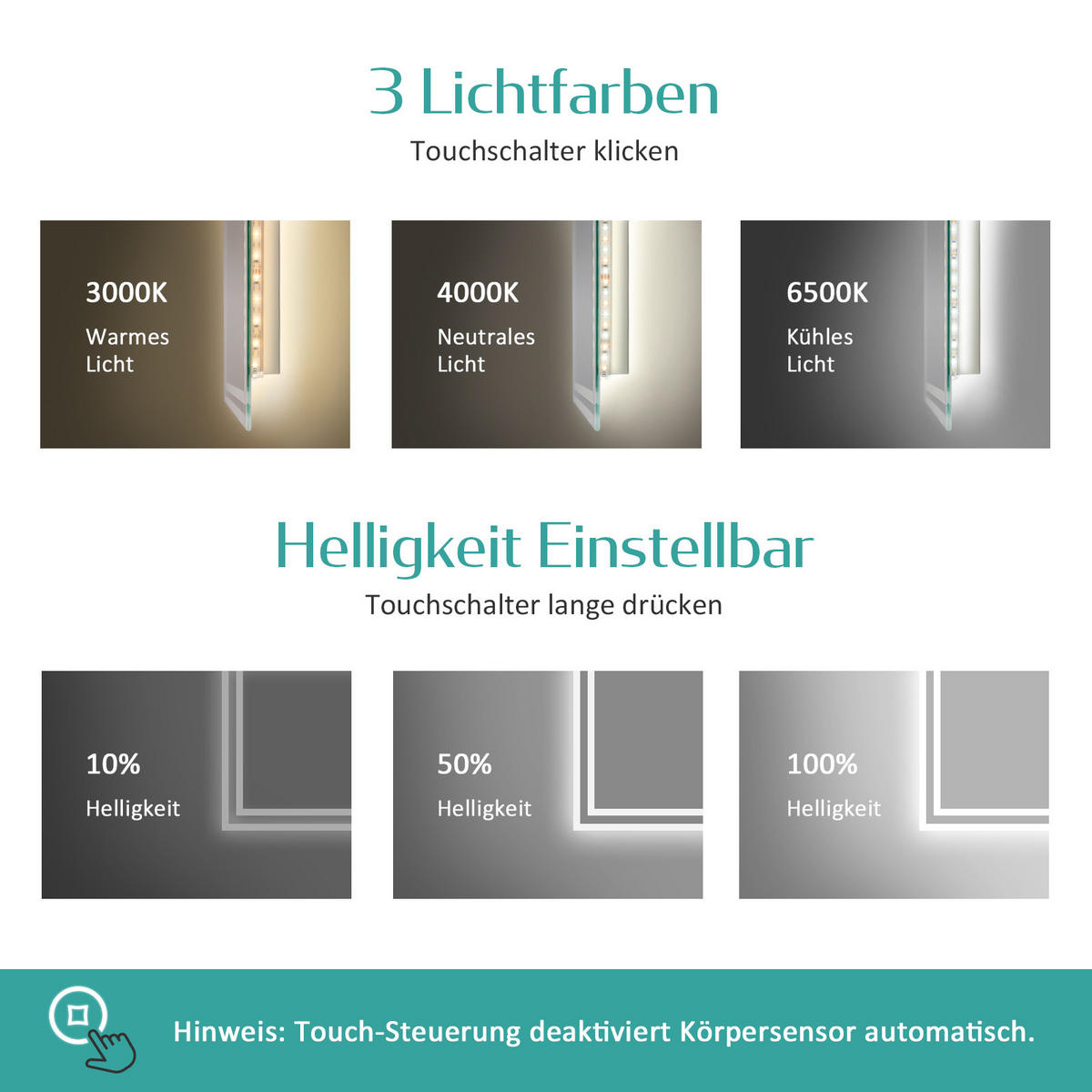 BADSPIEGEL mit Beleuchtung mit Bewegungssensor, 80/60/3,5 cm - Weiß, Glas (60/3.5/80cm) - EMKE