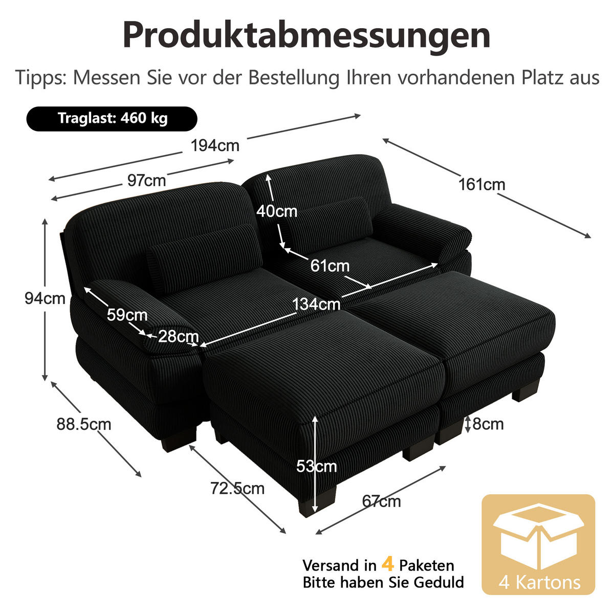 2-SITZER-SOFA modular mit 2 Hockern, DE-42659, Schwarz - Schwarz, Holz (194/94/161cm) - ComfortXL