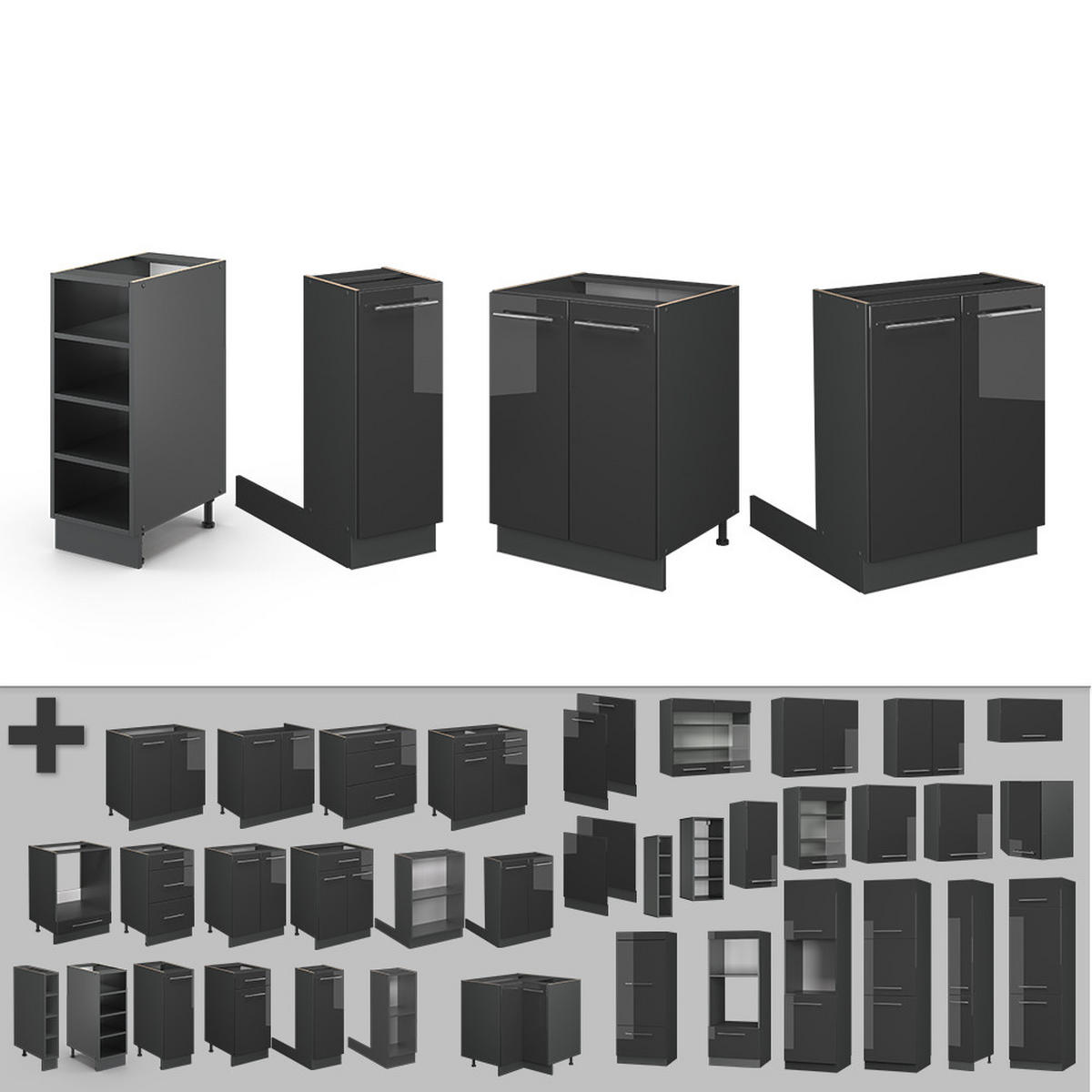 KUCHYŇSKÝ OSTROV Fame-Line Antracitový vysoký lesk - antracitová/vysoce lesklá černá, kompozitní dřevo (90/82/60cm) - Vicco