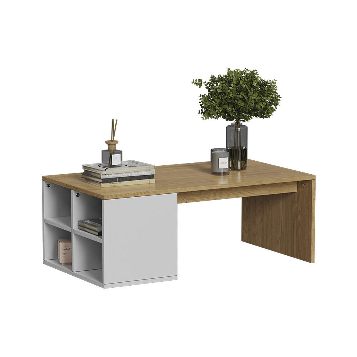 COUCHTISCH Kivo Weiß/Eiche 90 x 50 cm mit offenen 4 Fächern - Eichefarben/Weiß, Holzwerkstoff (50/90/33.6cm) - Vicco