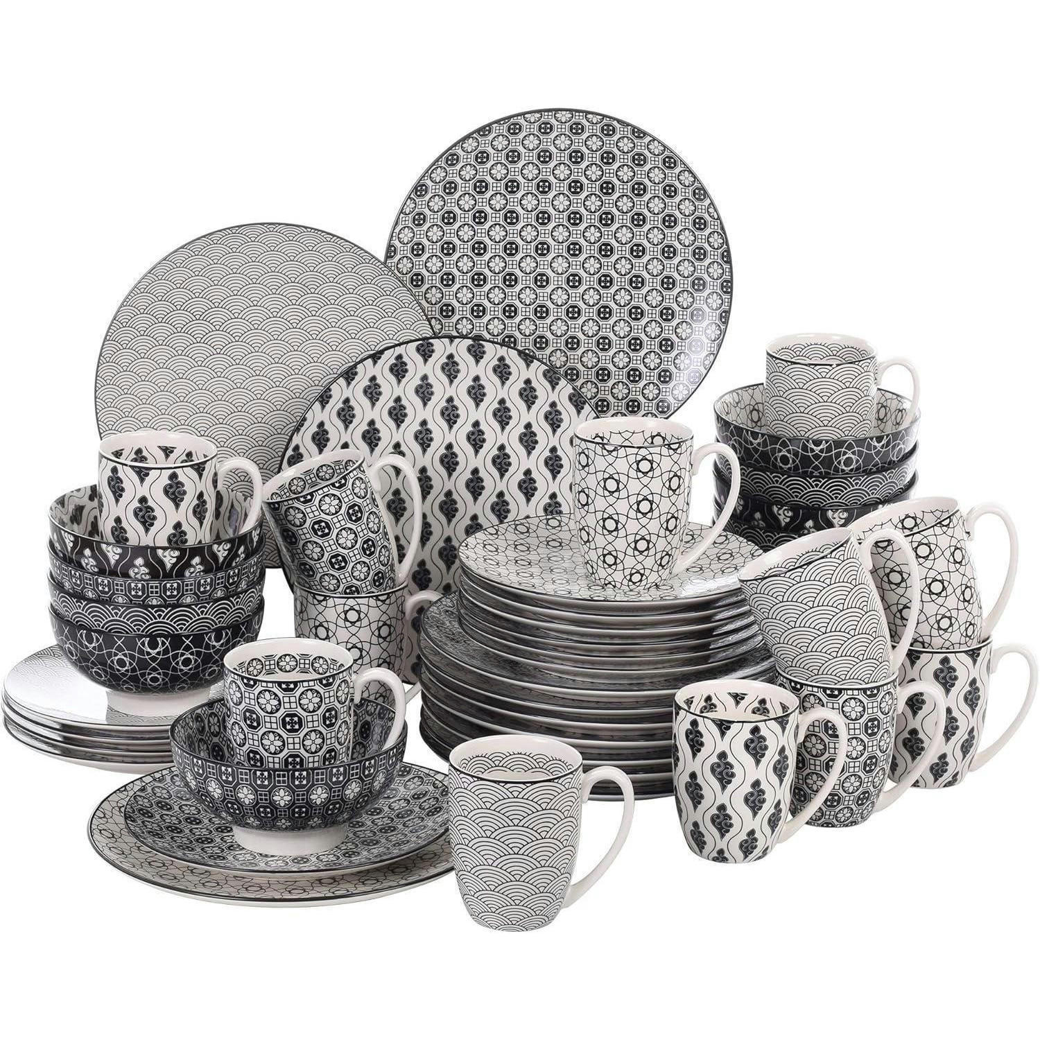 GESCHIRRSERVICE 48-teiliges Set Kombiservice für 12 Personen Schwarz + Creme - Grau, Keramik (27/2.5/27cm)