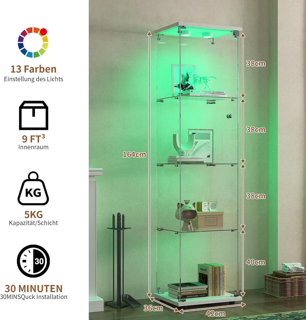 GLASVITRINE Stehend 4-Lagen Mit LED, Schloss & 1 Tür Weiß - Weiß, Holz (36.5/164/42.5cm)