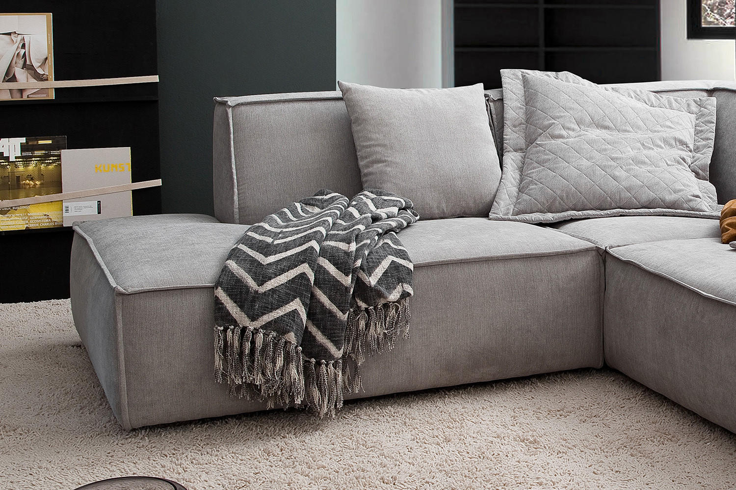 ECKSOFA SAMU Silber Webstoff - Silberfarben/Schwarz, Textil (226/224cm) - KAWOLA