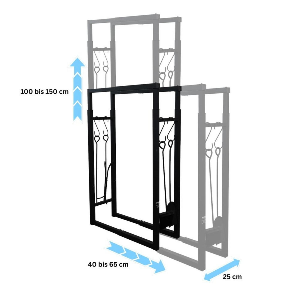 KAMINHOLZREGAL Phoenix verstellbar innen & außen 100-150x40-65x25cm 4 Kaminwerkzeugen Schwarz - Schwarz, Metall (65/150/25cm) - PROREGAL