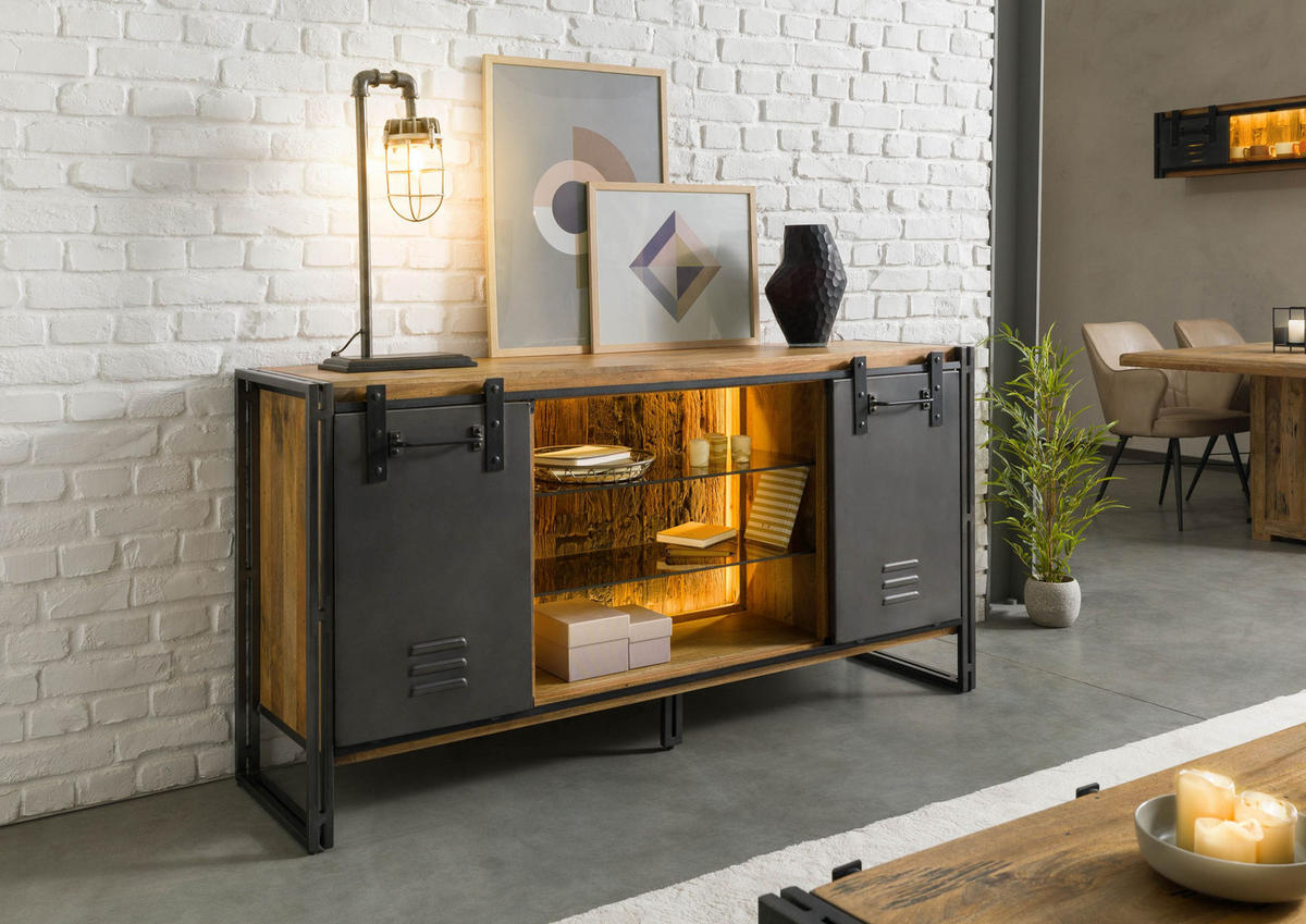 SIDEBOARD Mango / Altholz 180x45x90 natur / grau lackiert / Metall grau BLACKBURN LUX #552 - Braun, Holz (180/90/45cm) - Massivmoebel24