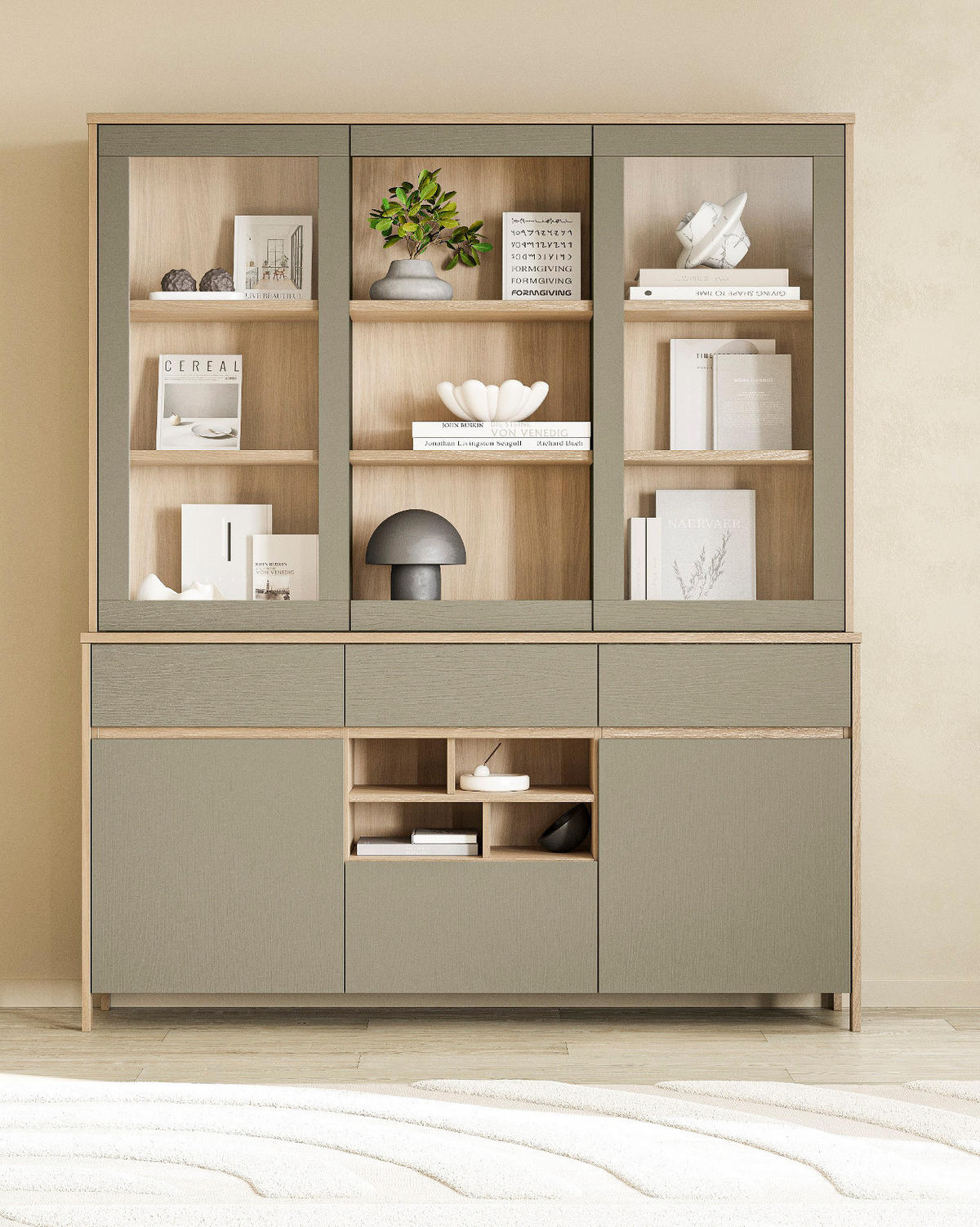 BUFFET Salbei grün, Eiche, Vitrinenschrank skandinavisch 164 x 195 cm, Soft-Close - Salbeigrün/Eichefarben, Glas/Holzwerkstoff (164/195/39cm) - Furn.Design