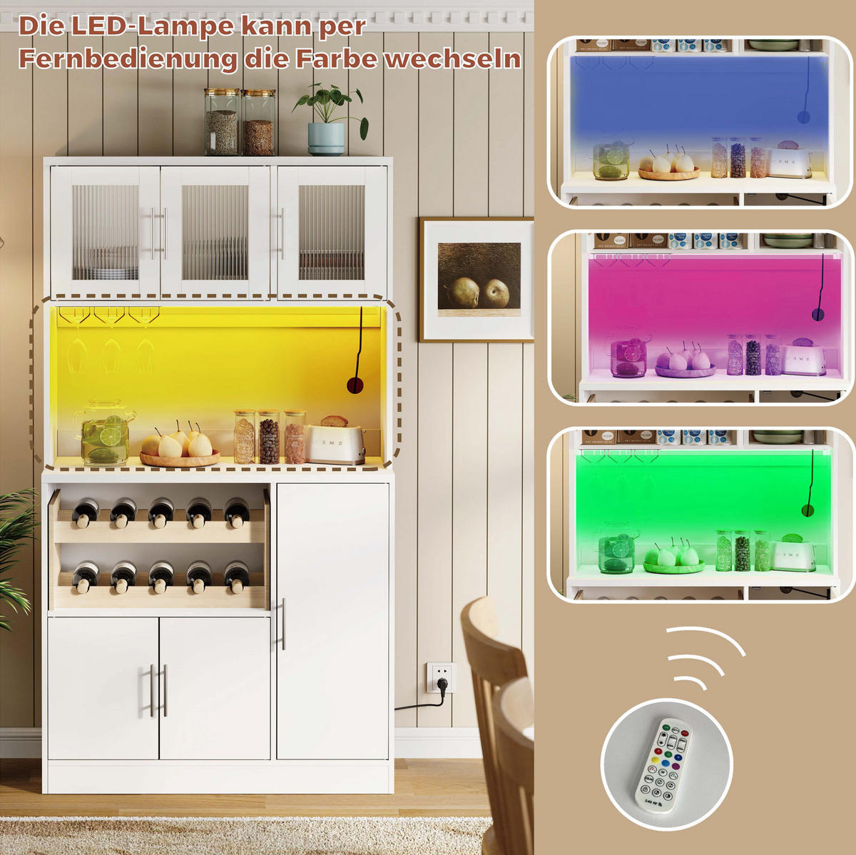 BUFFET aus MDF 100x40x180 cm Weiß mit RGB-LED, Steckdosenleiste, Weinglashalter und Weinregal - Weiß, Holzwerkstoff (100/180/40cm) - Modfu