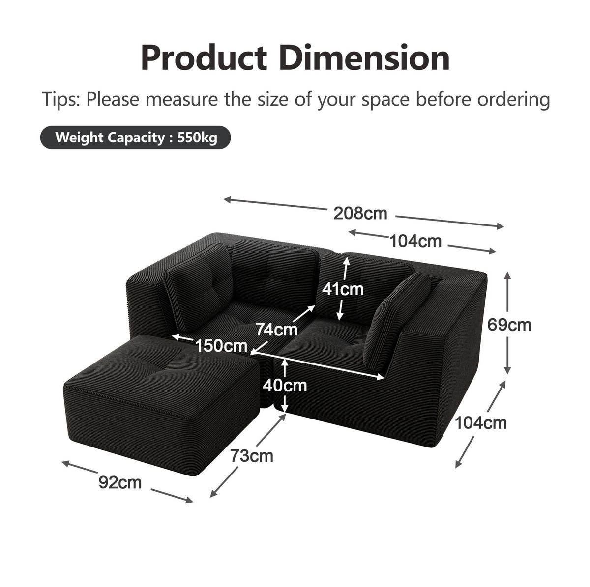ECKSOFA 208/177/69 cm schwarz aus Cord mit modularem Design und beweglichem Hocker - Schwarz, Textil (177/208cm) - OKWISH